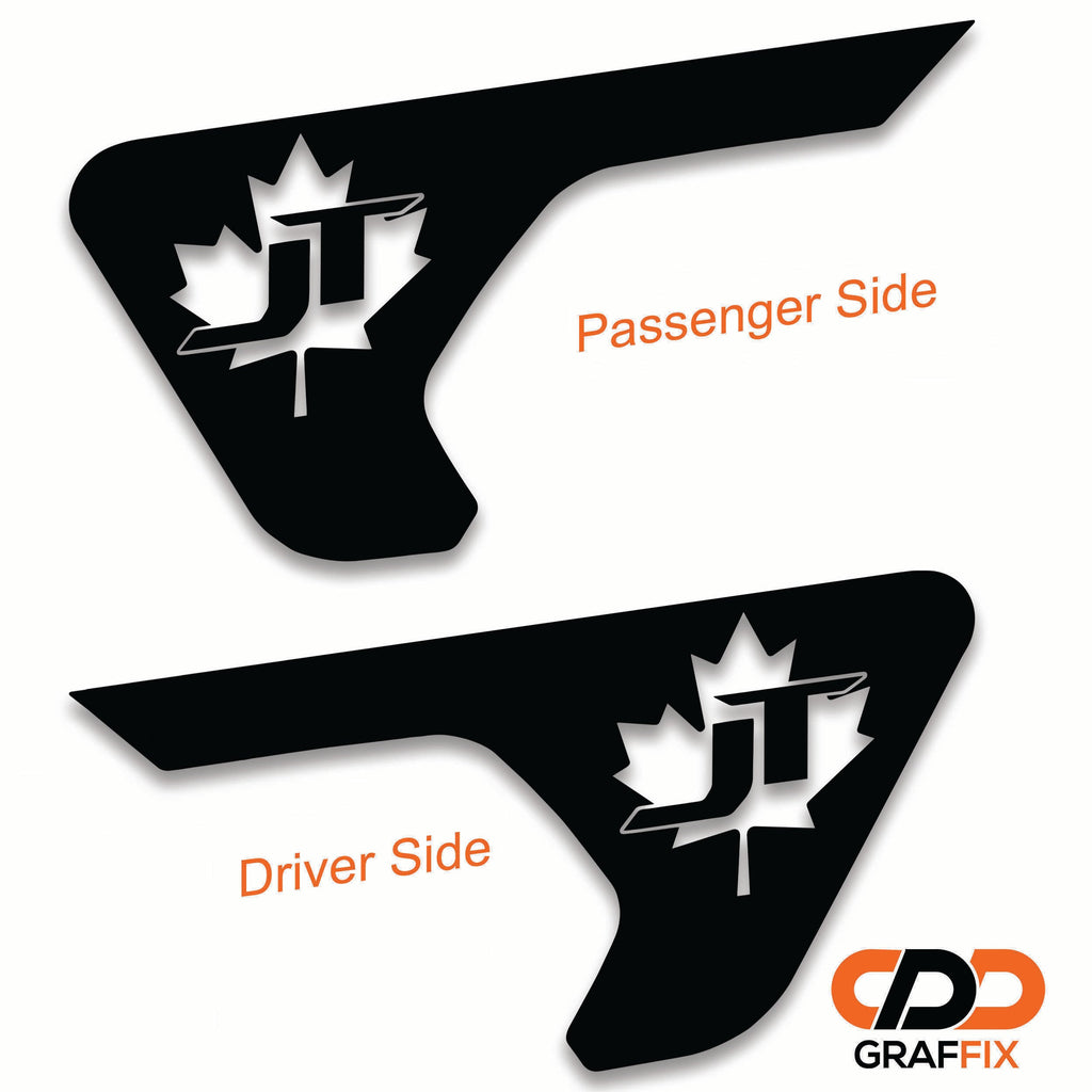 JT Canadian Maple Leaf Jeep Wrangler fender vent transfer decal applied to billet vent insert at angle