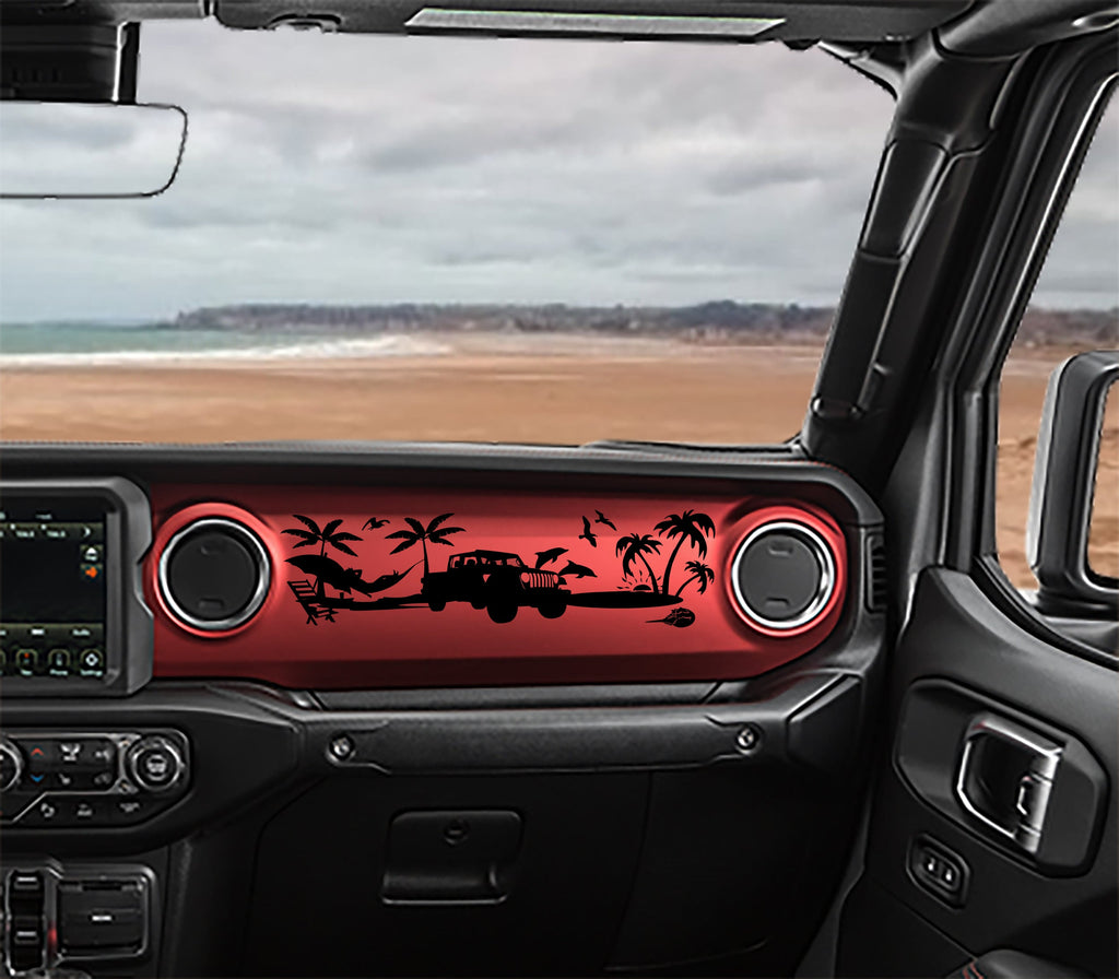 Black JT Gladiator beach scene dashboard transfer on red Jeep Wrangler JL dash with palms and surf van