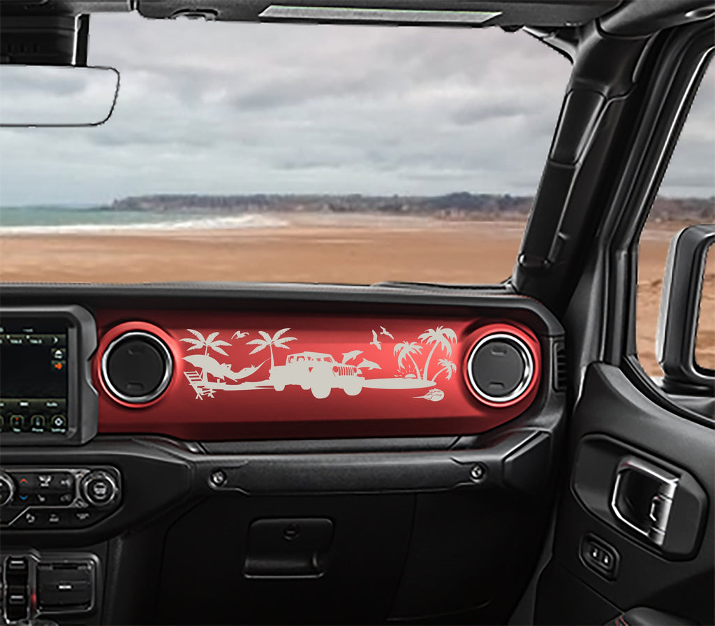 Telegrey JT Gladiator beach scene dashboard transfer on red Jeep JL dash with palms and surf van
