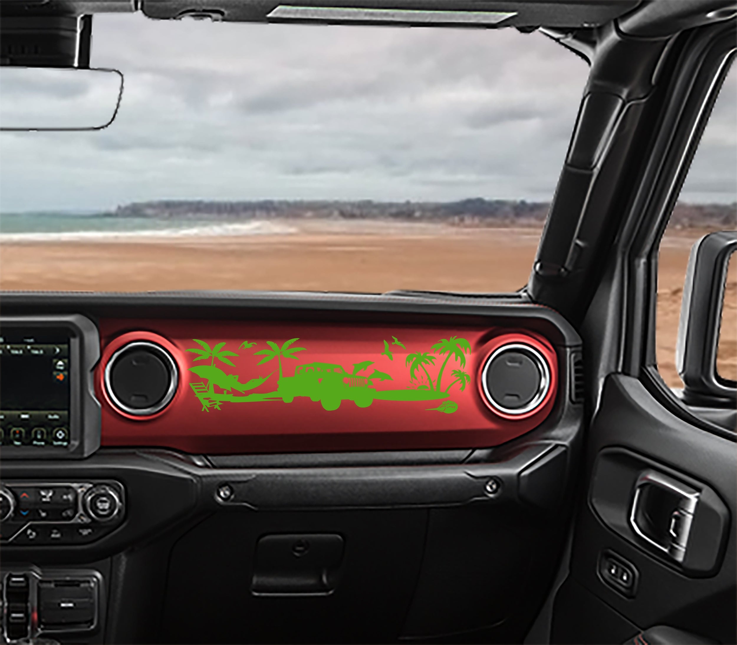 Light grey JT Gladiator beach scene dashboard transfer on red JL dash with palm trees and surf van