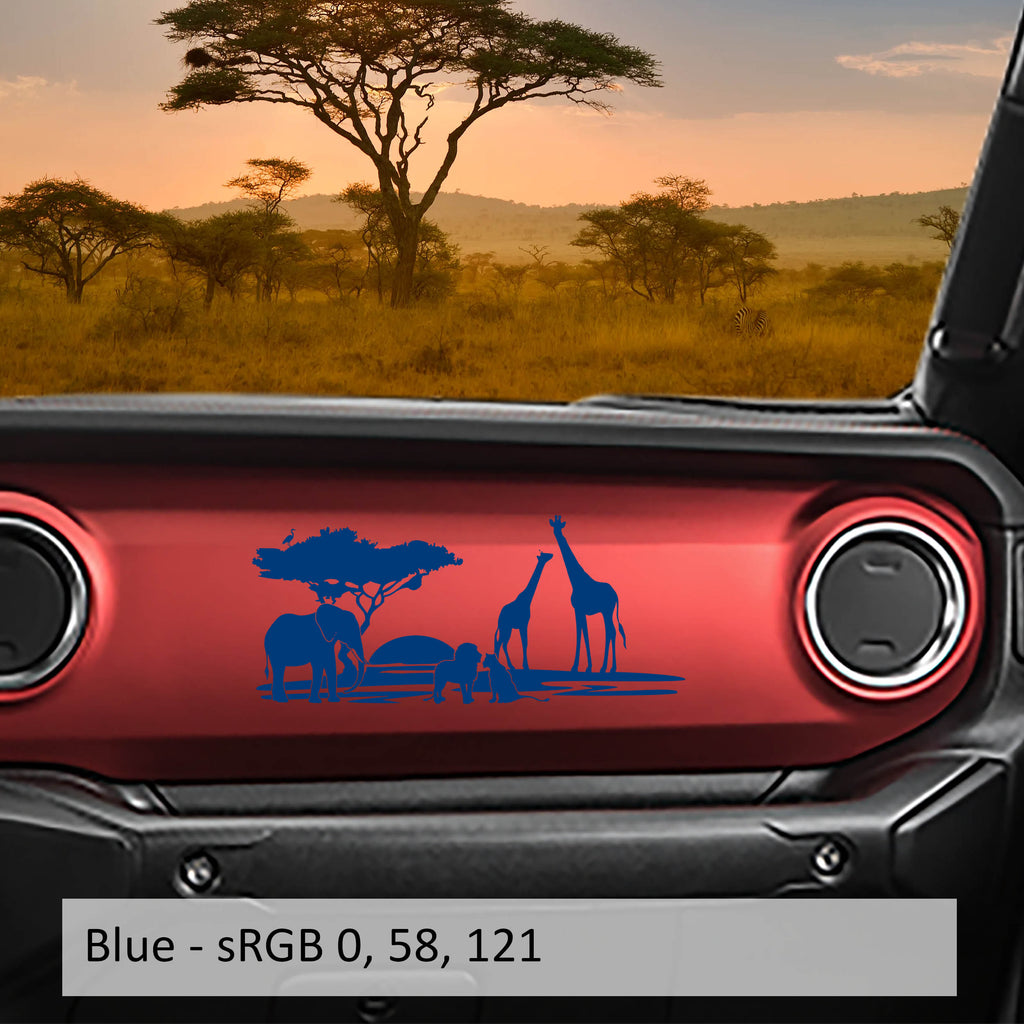 Blue safari animals scene dashboard transfer decal close-up on red Jeep Wrangler JL dash panel