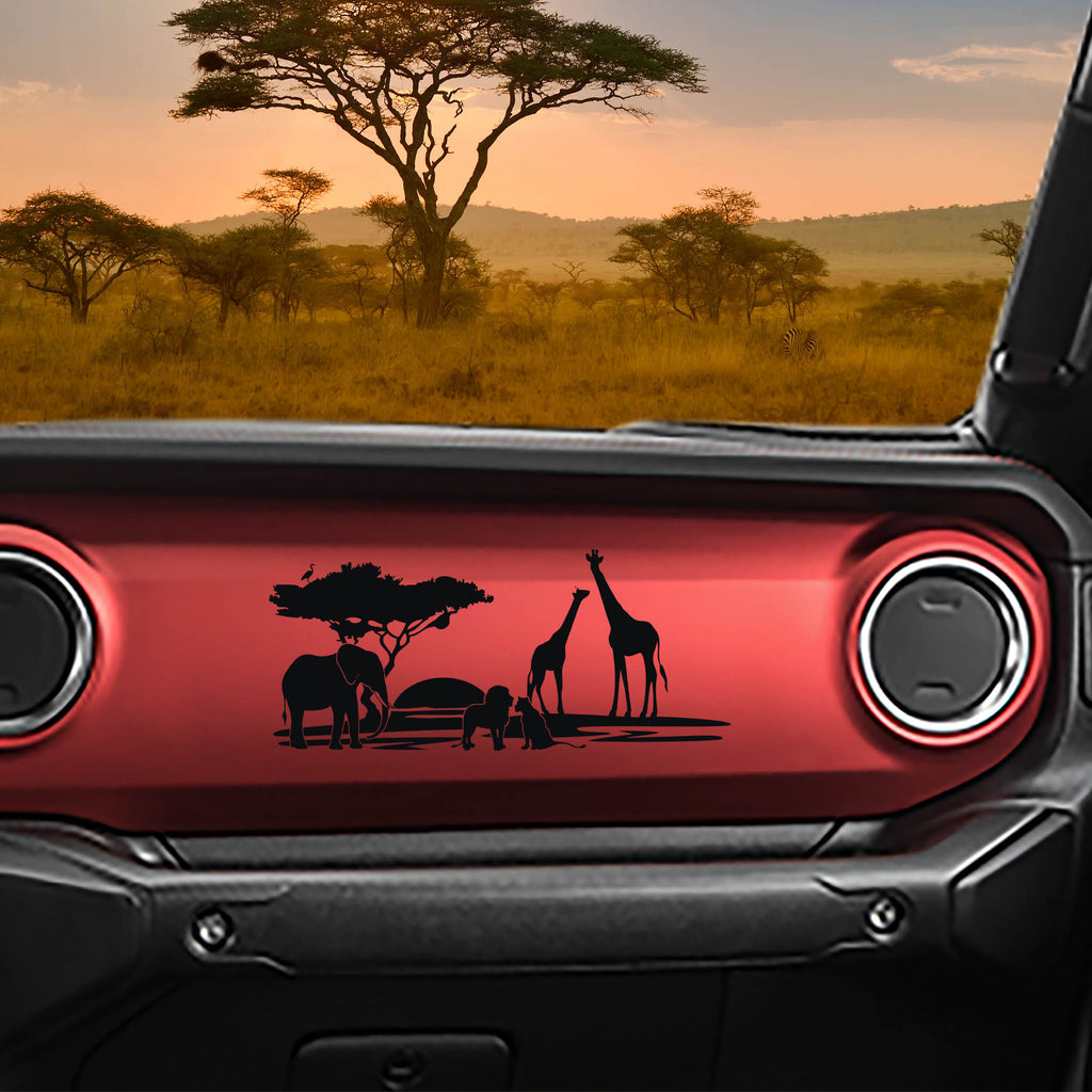 Black safari animals scene dashboard transfer decal at sunset on red Jeep Wrangler JL dash panel