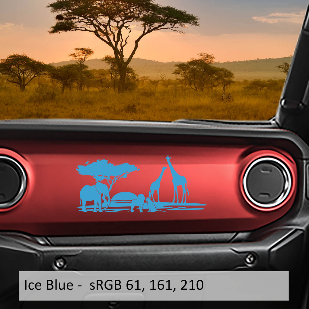 Ice blue safari animals scene dashboard transfer decal close-up on red Jeep Wrangler JL dash panel