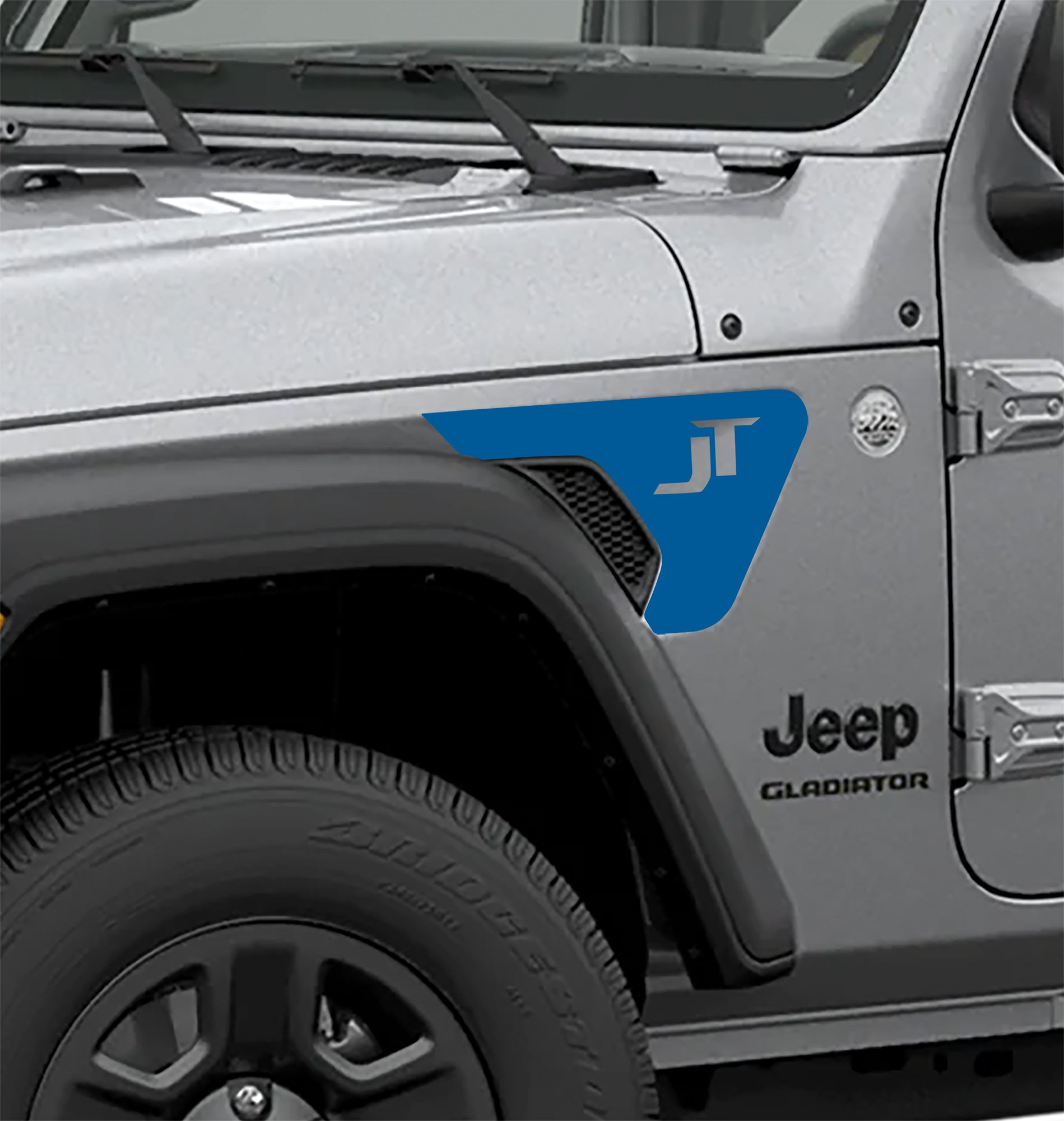 Azure blue JT Letters fender vent vinyl decal applied to Jeep Gladiator JT billet vent