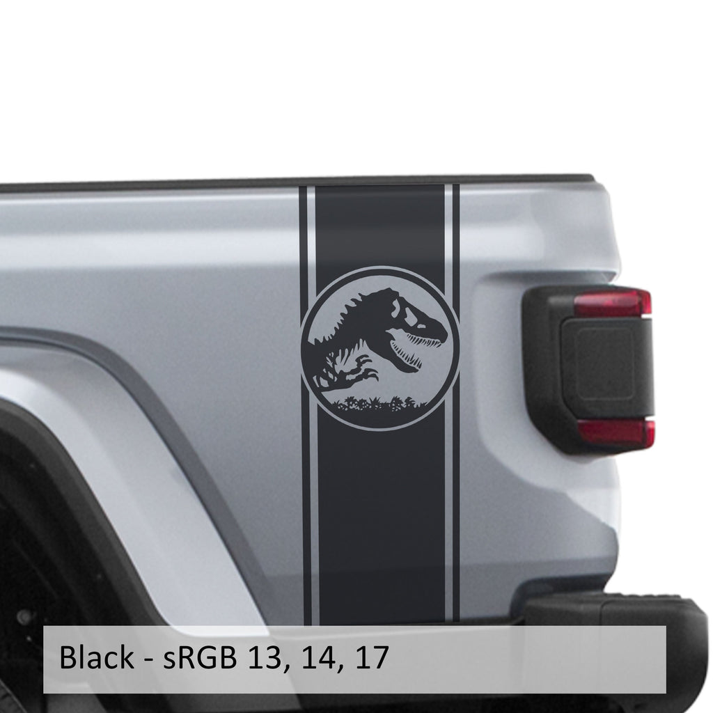 Black Jurassic dinosaur skeleton bedside stripe decal pair on Jeep Wrangler JL pickup bed