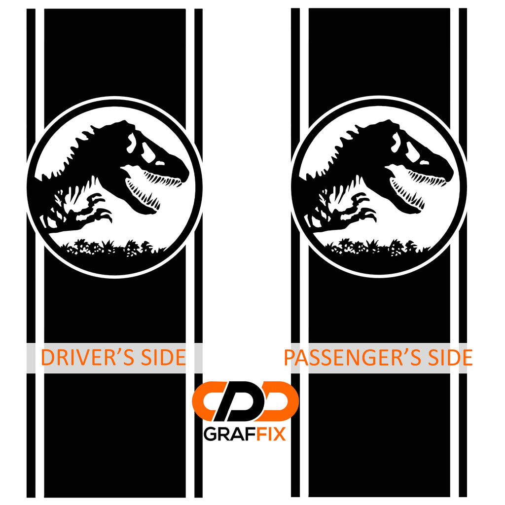 Jurassic T-Rex skeleton bedside stripe decal pair flat layout with driver and passenger labels