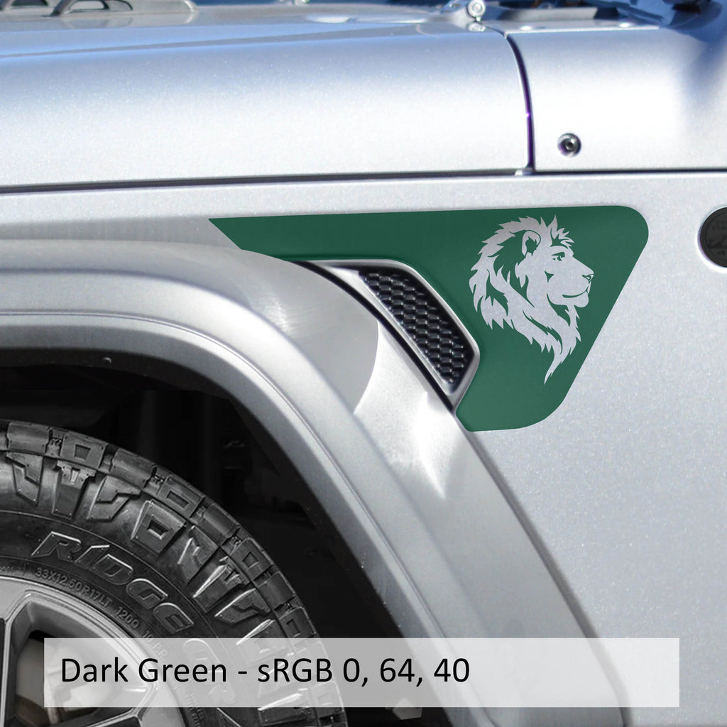 Dark green Leo the Lion head decal applied to Jeep billet aluminum fender vent insert