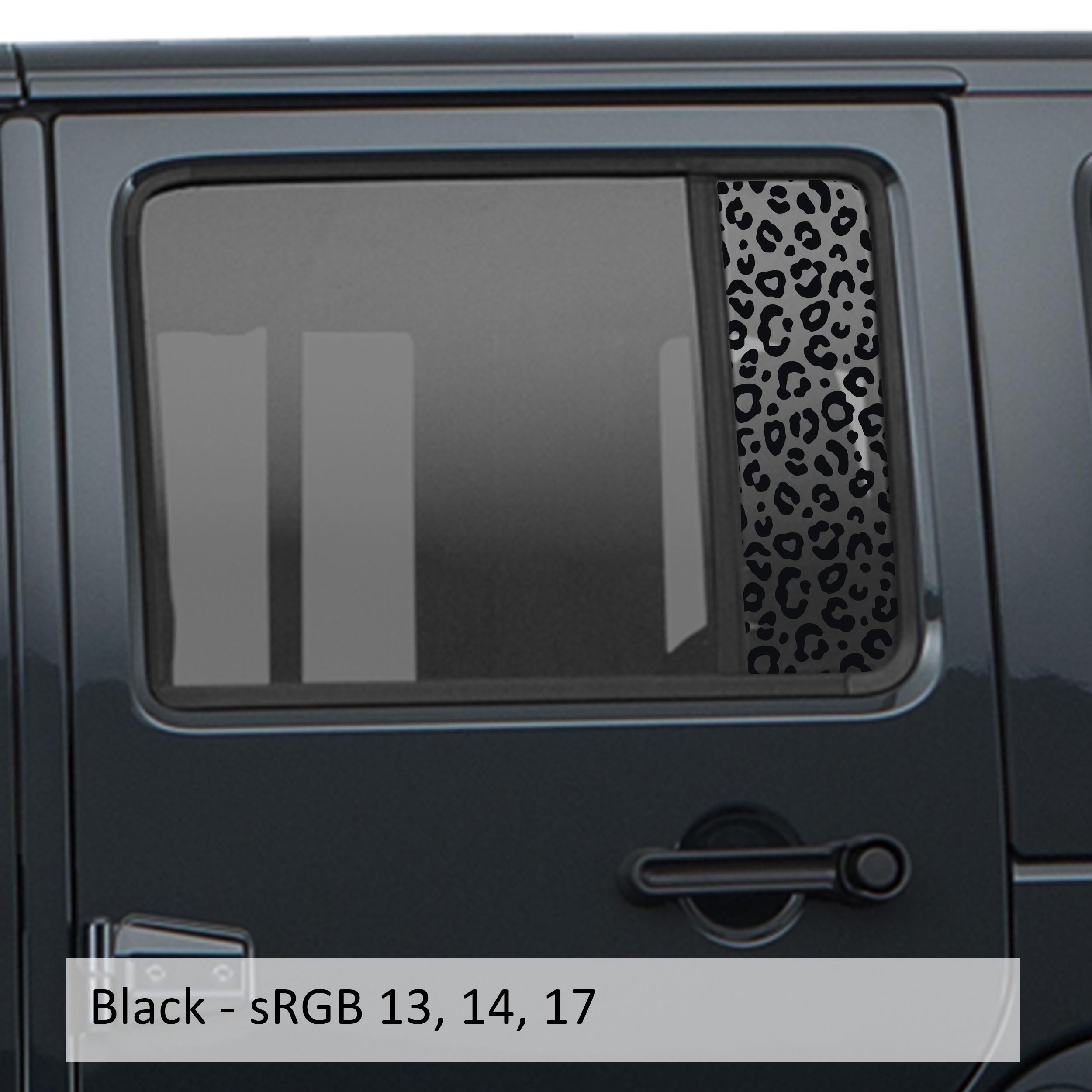 Black leopard print side window decal set for Jeep Wrangler JKU 2007 to 2018 four-door