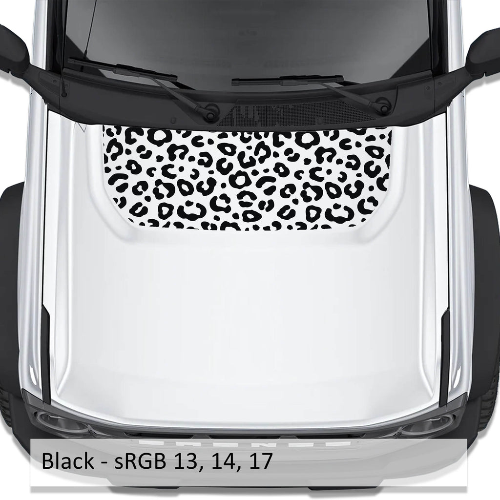Leopard Print blackout hood vinyl decal in black shown installed on the hood of a 2021+ Ford Bronco
