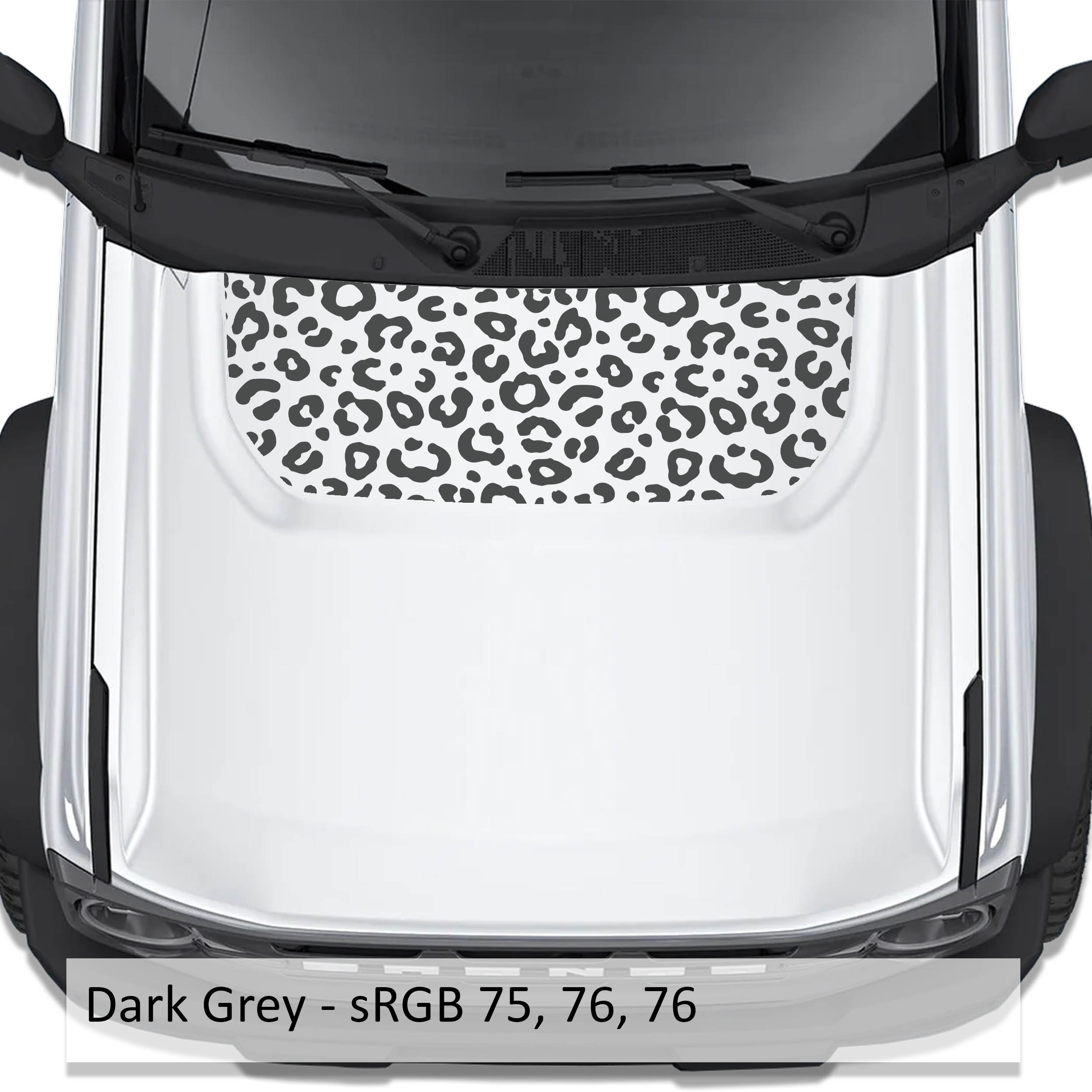 Leopard Print blackout hood vinyl decal in dark gray shown installed on the hood of a 2021+ Ford Bronco