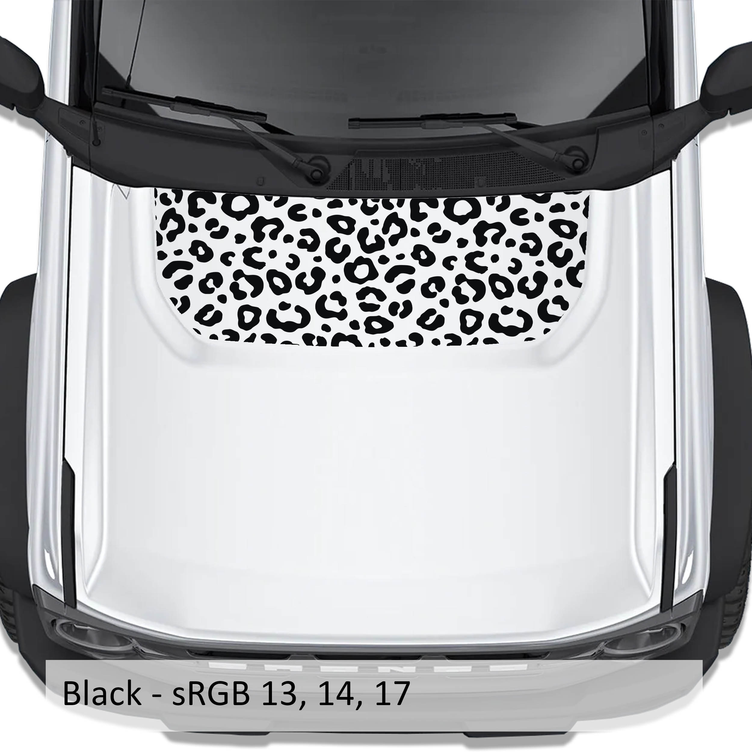Leopard Print blackout hood vinyl decal shown installed on the hood of a 2021+ Ford Bronco SUV