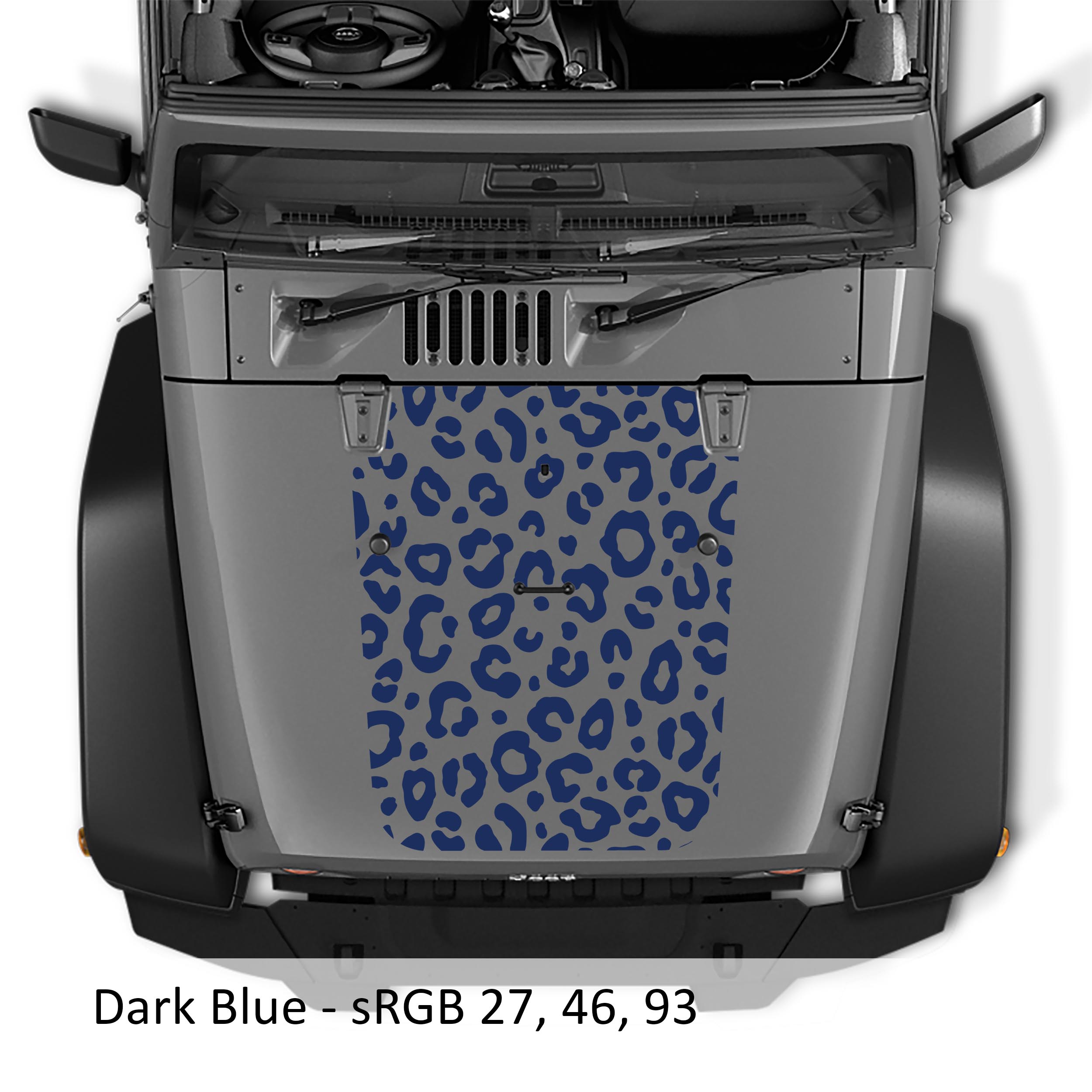 Dark blue leopard print blackout hood decal on silver Jeep Wrangler JK/JKU 2007-2017 hood