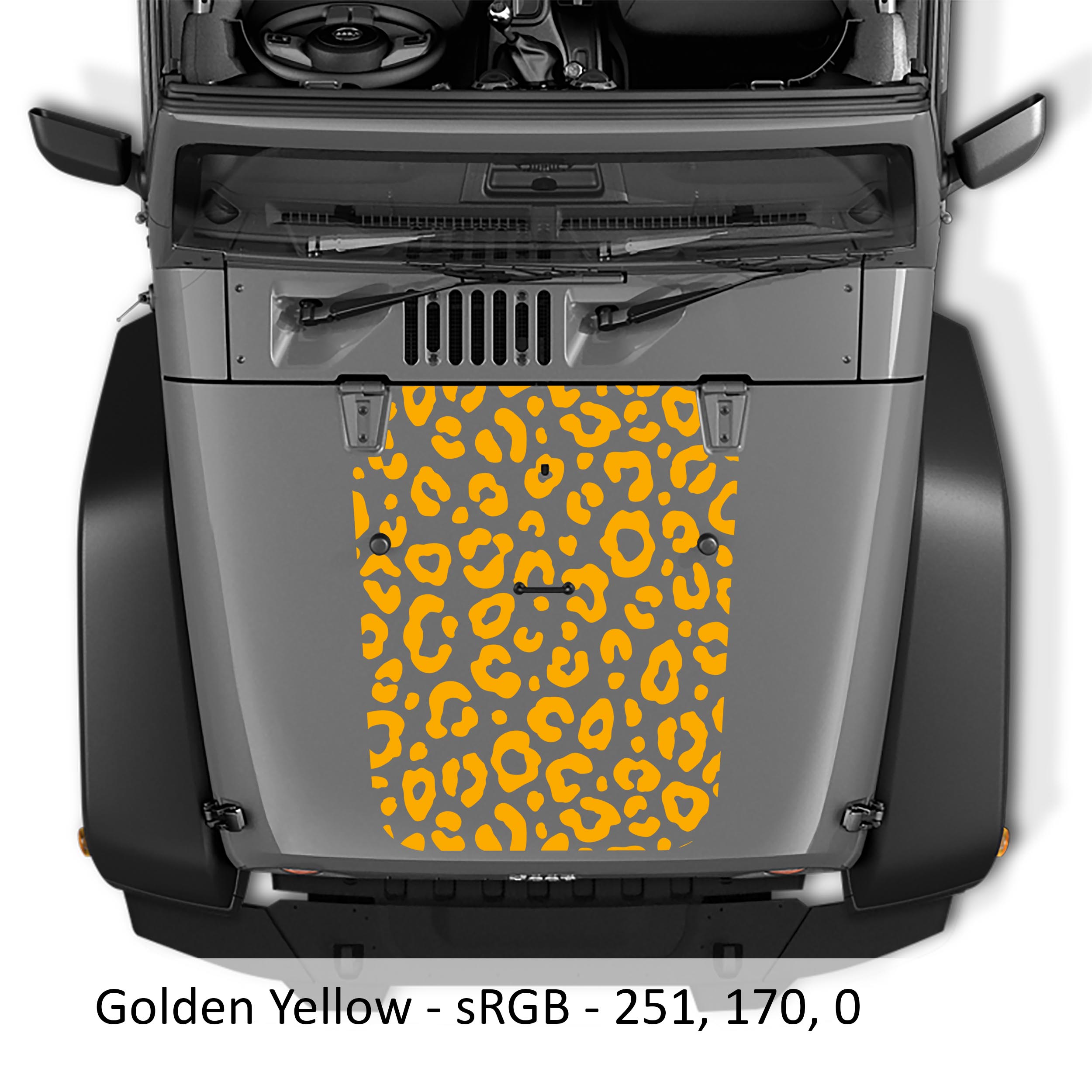 Gold yellow leopard print blackout hood decal mounted on silver Jeep Wrangler JK/JKU 2007-2017