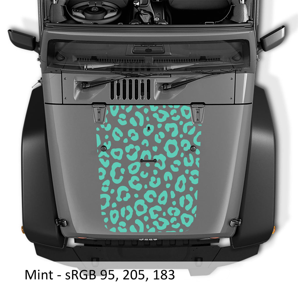 Mint teal leopard print blackout hood decal installed on silver Jeep Wrangler JK/JKU 2007-2017