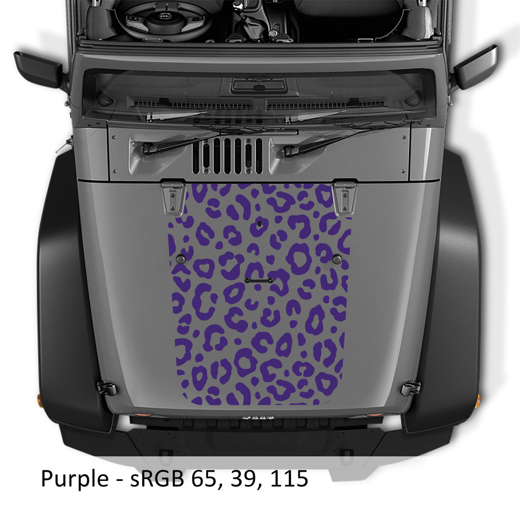 Purple leopard print blackout hood decal mounted on silver Jeep Wrangler JK/JKU 2007-2017 hood