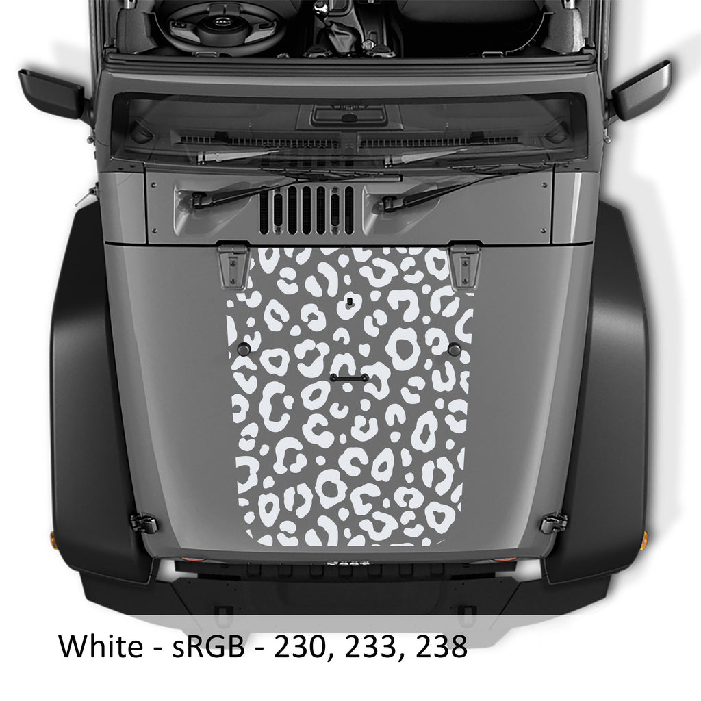 White leopard print blackout hood decal applied to silver Jeep Wrangler JK/JKU 2007-2017 hood