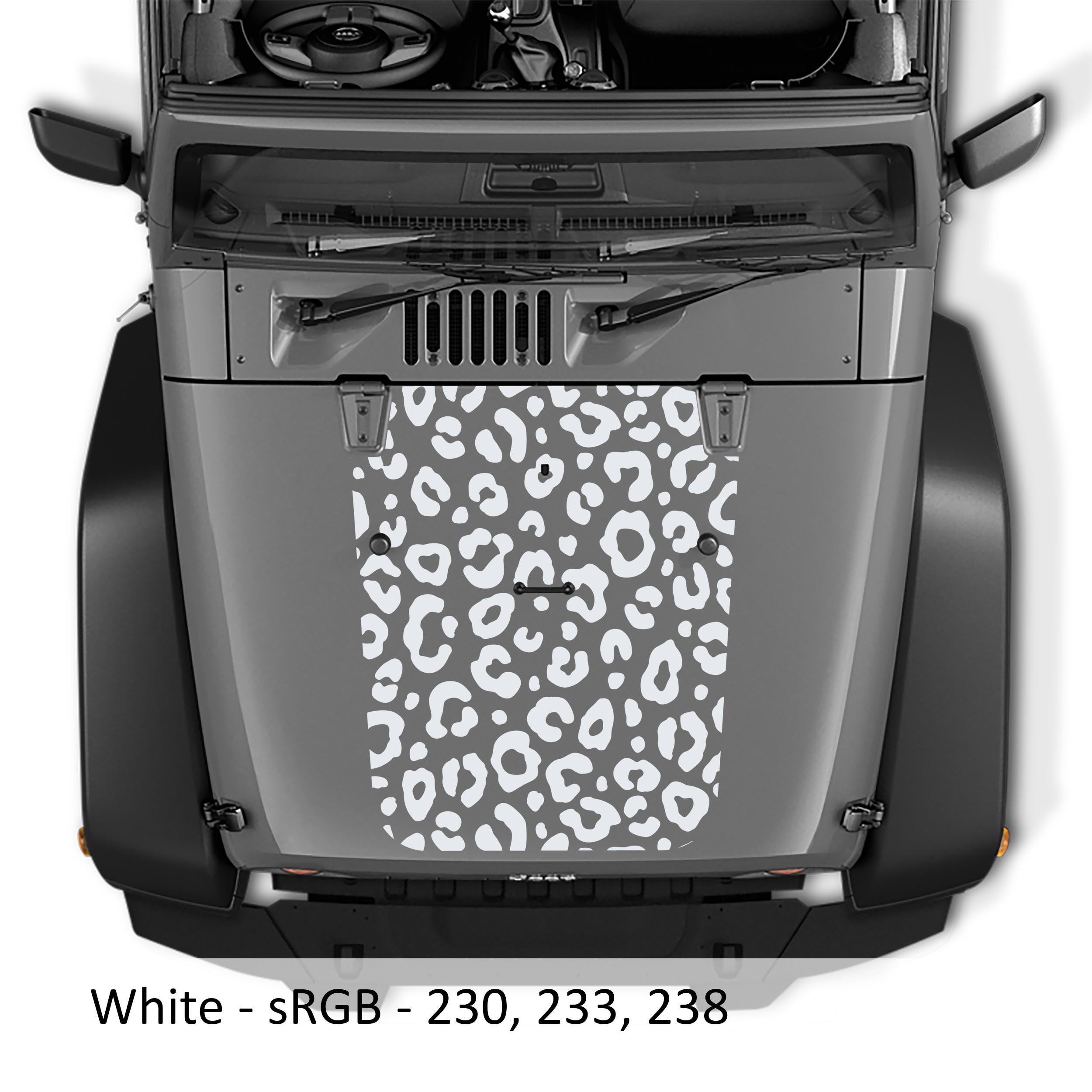 White leopard print blackout hood decal applied to silver Jeep Wrangler JK/JKU 2007-2017 hood