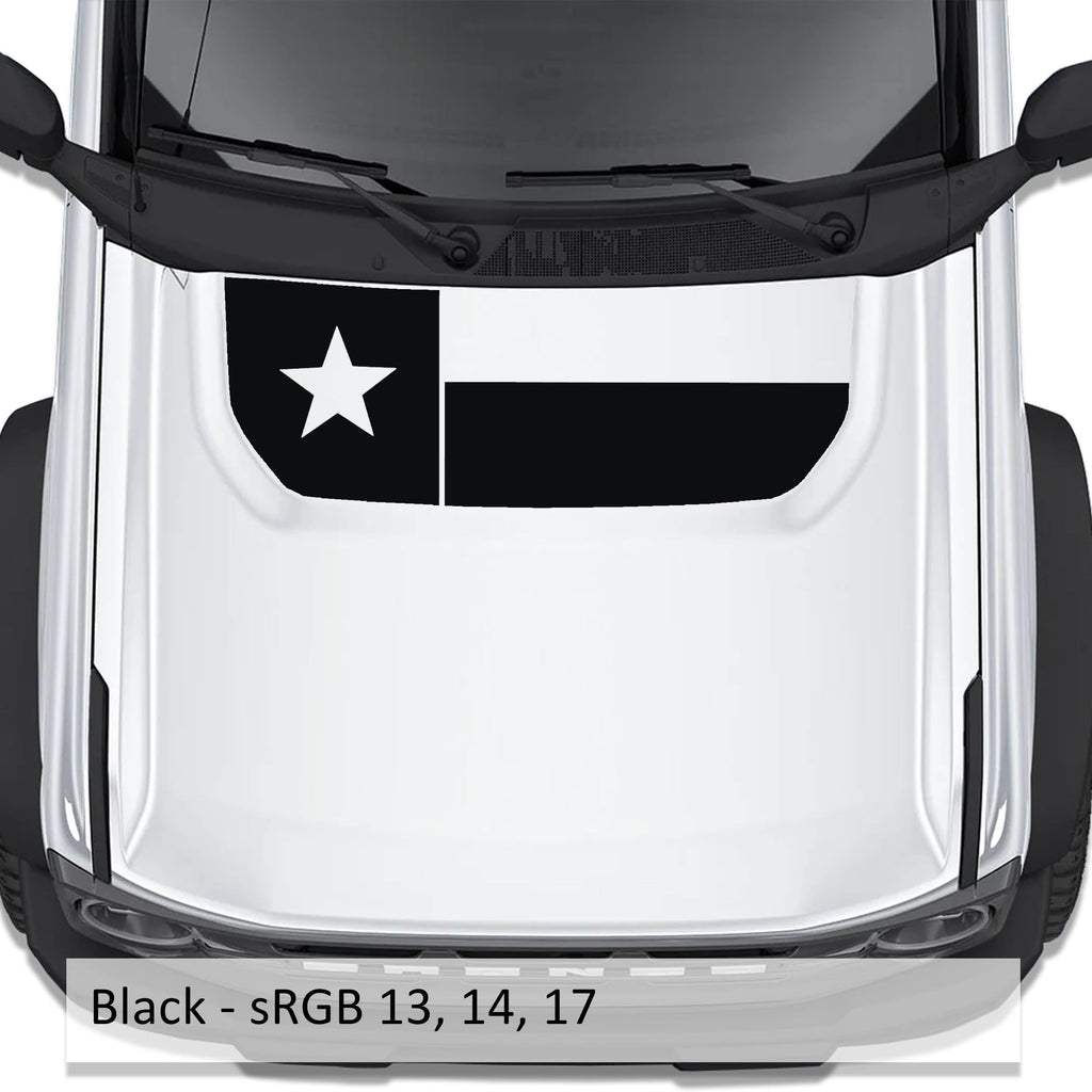 Texas Flag blackout hood vinyl decal in black shown installed on the hood of a 2021+ Ford Bronco