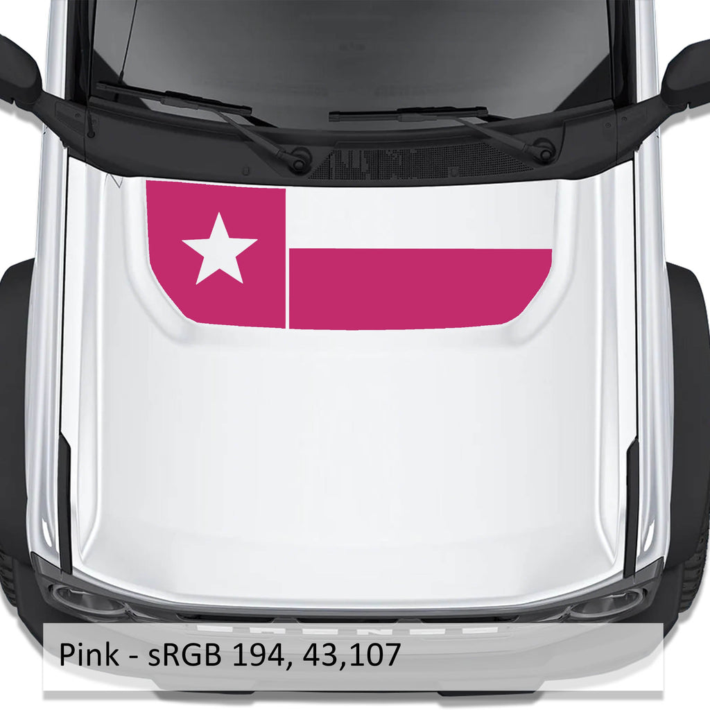 Texas Flag blackout hood vinyl decal in pink shown installed on the hood of a 2021+ Ford Bronco