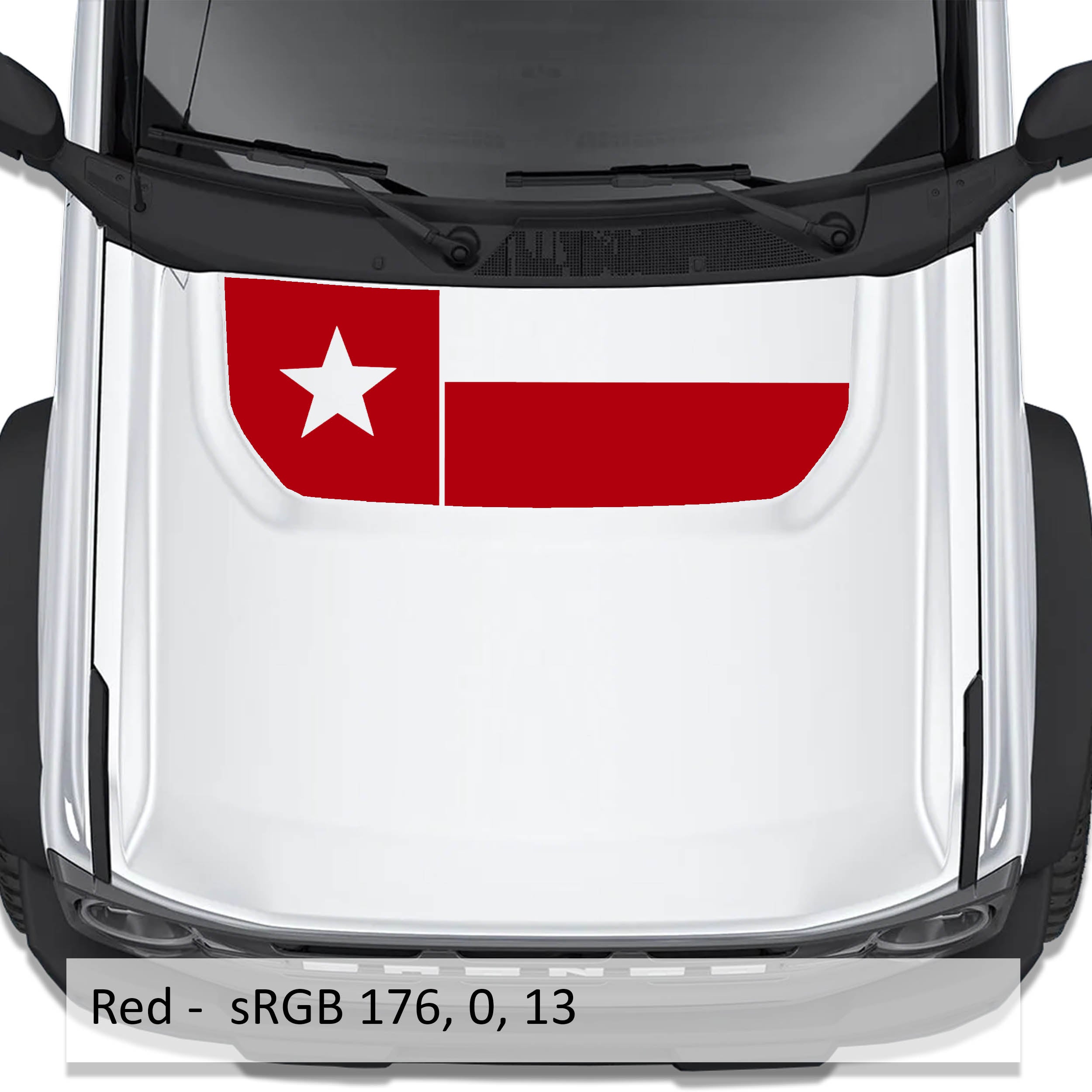 Texas Flag blackout hood vinyl decal in red shown installed on the hood of a 2021+ Ford Bronco