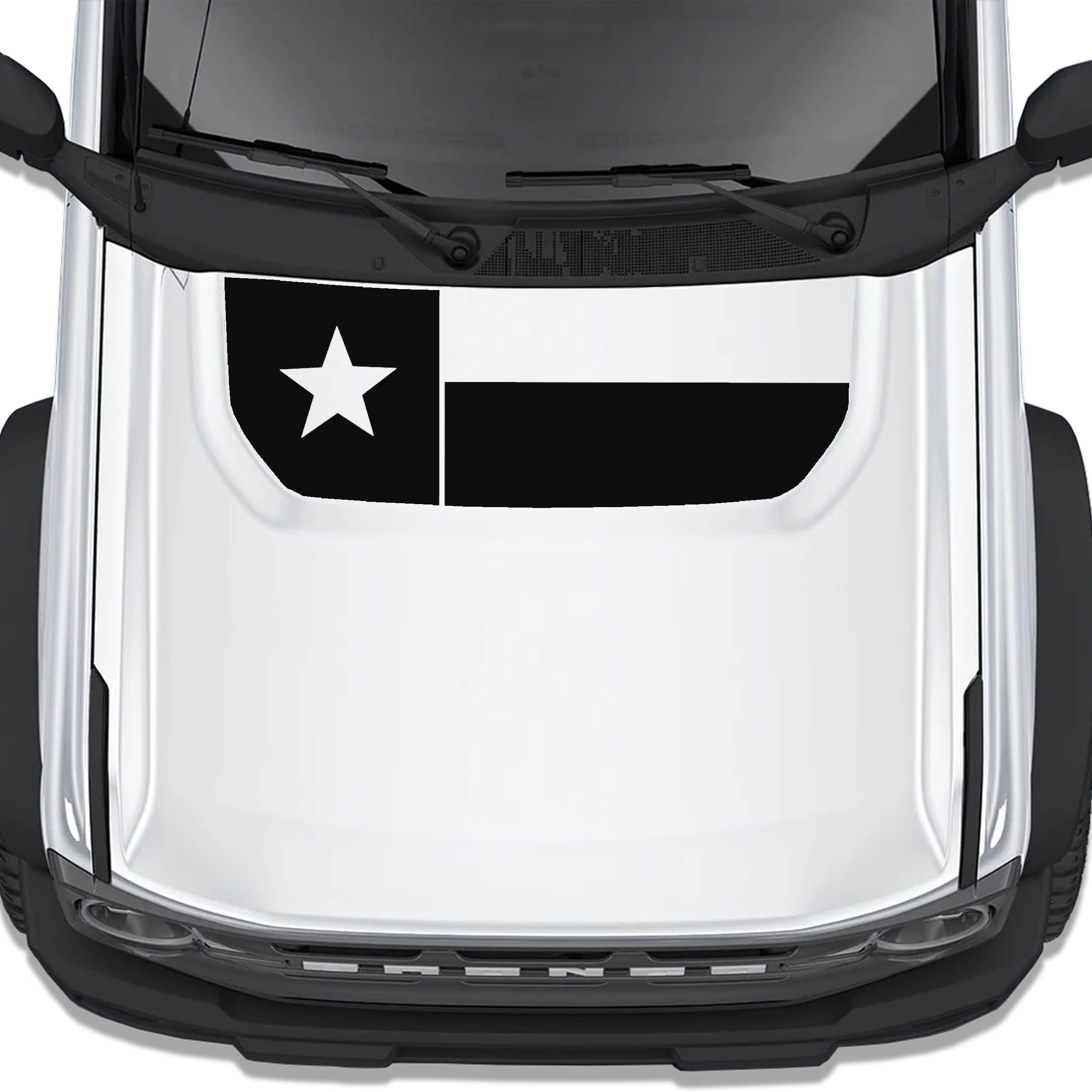 Texas Flag blackout hood vinyl decal shown installed on the hood of a 2021+ Ford Bronco SUV