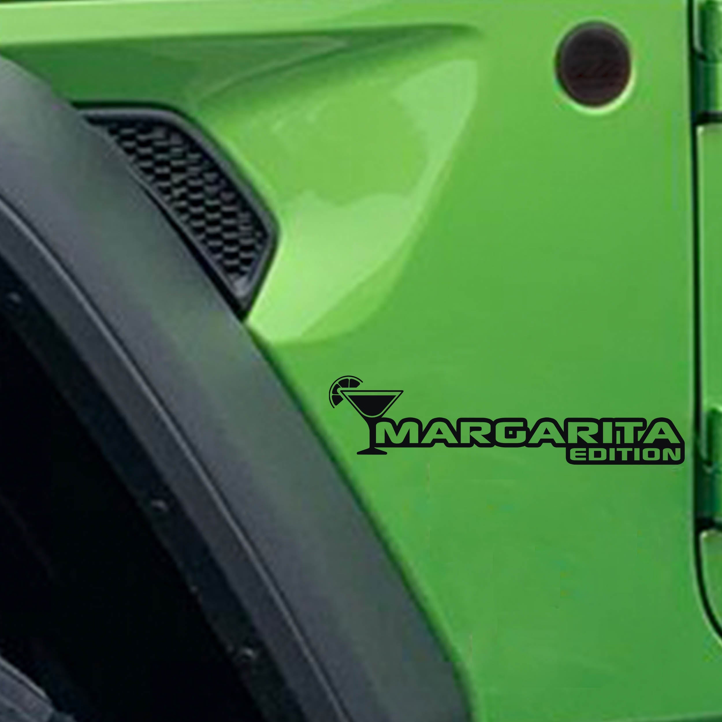 Margarita Edition Jeep fender decal pair displayed in matte black vinyl on a clean white studio backdrop