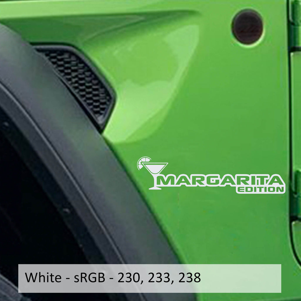 Margarita Edition Jeep fender decal pair displayed in crisp white vinyl on a clean white studio backdrop