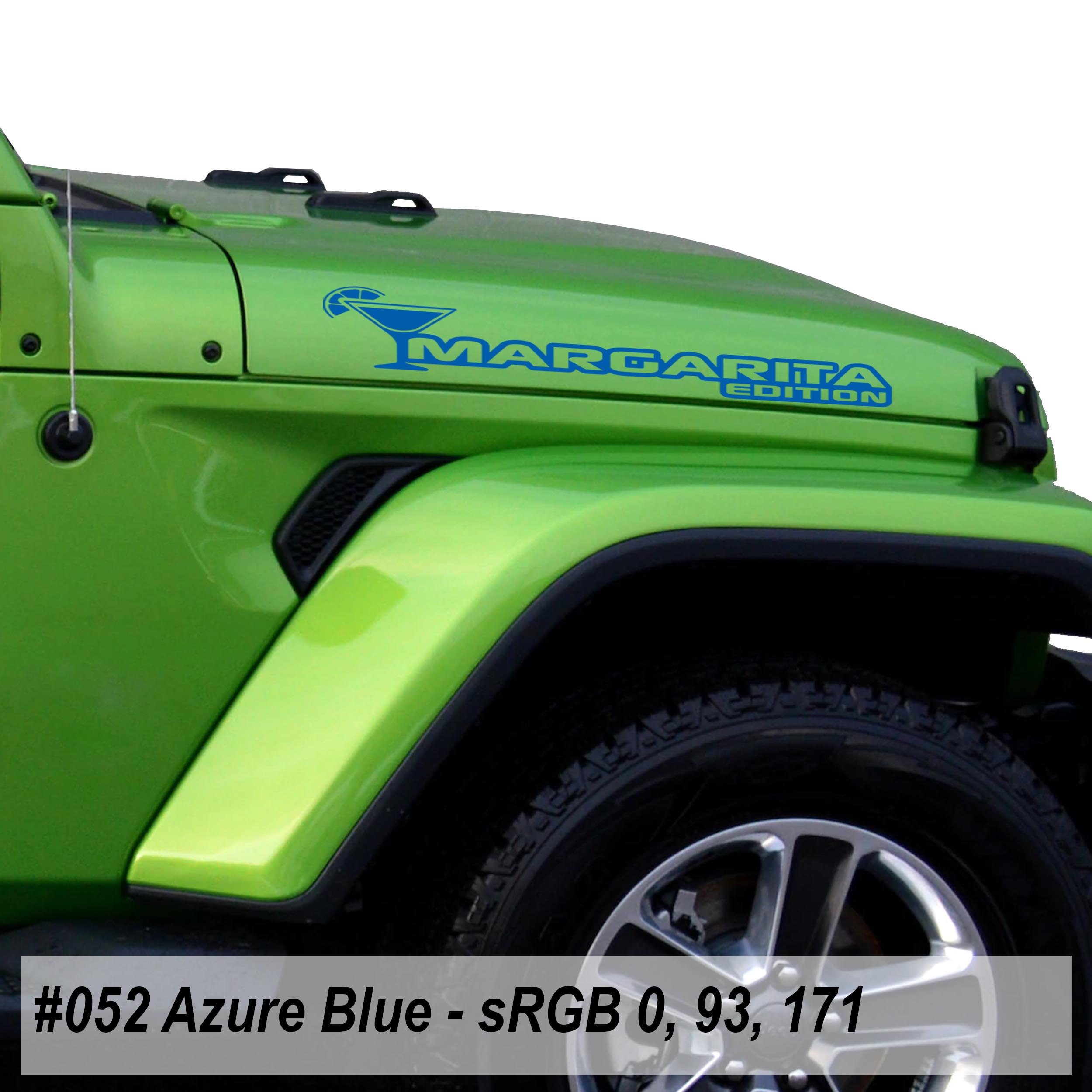 Azure Blue Margarita Edition hood decal pair swatch for Jeep Wrangler side hood application
