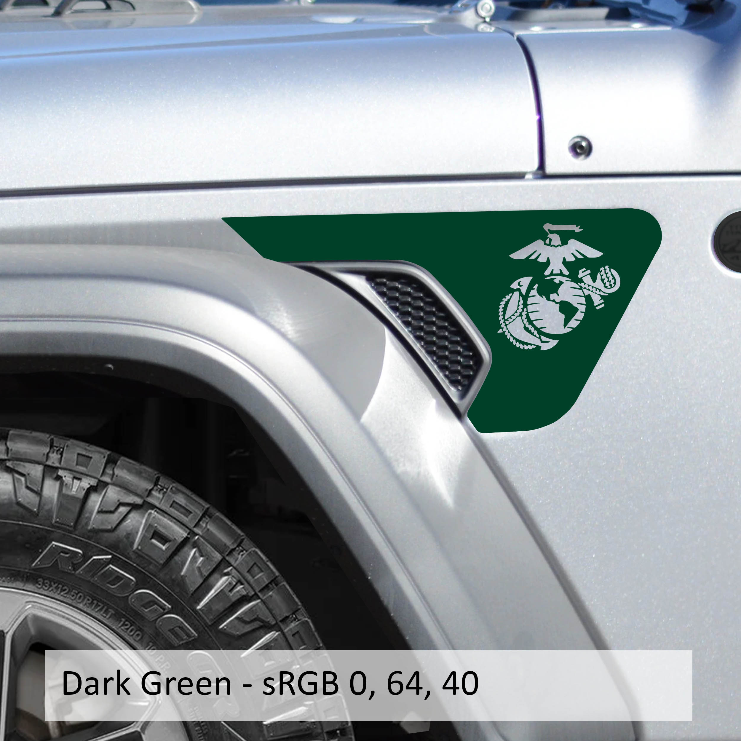 Dark Green Marine Corps EGA logo fender vent decal pair for JL JLU Gladiator JT swatch