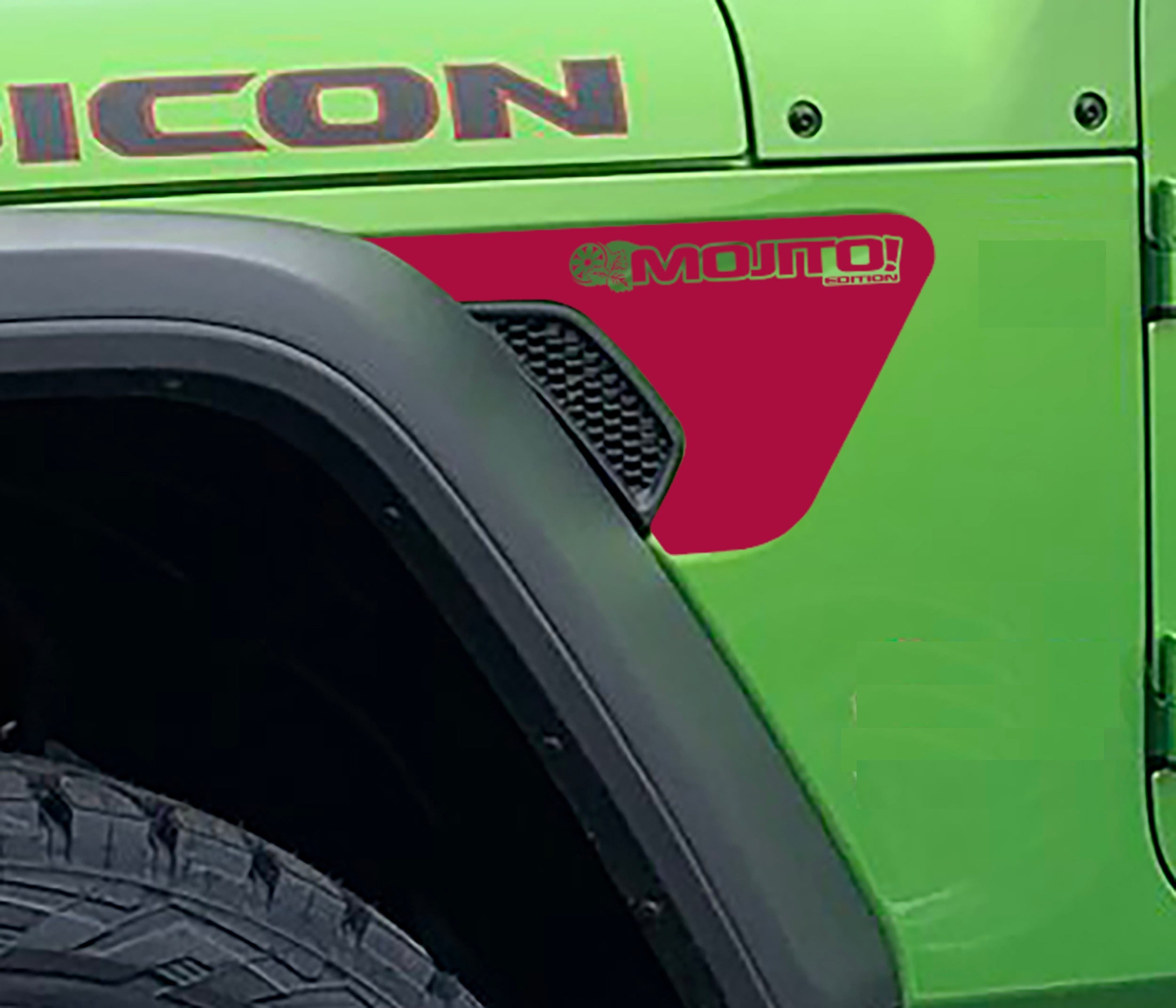 Mojito Edition fender vent vinyl decal swatch shown in dark red for Wrangler JL JLU Gladiator JT