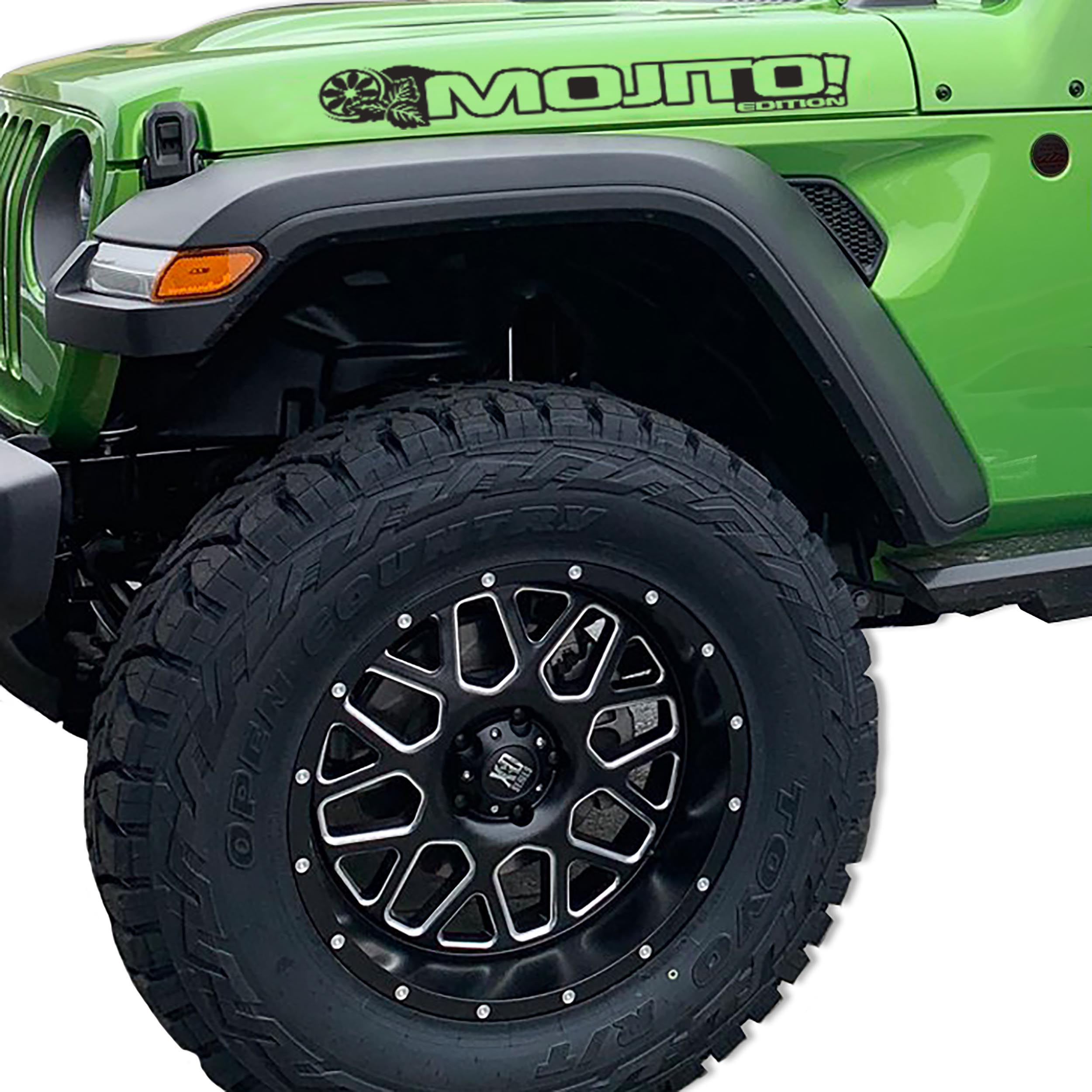 Mojito Edition Jeep Wrangler hood decal pair pictured in matte black vinyl finish swatch sample