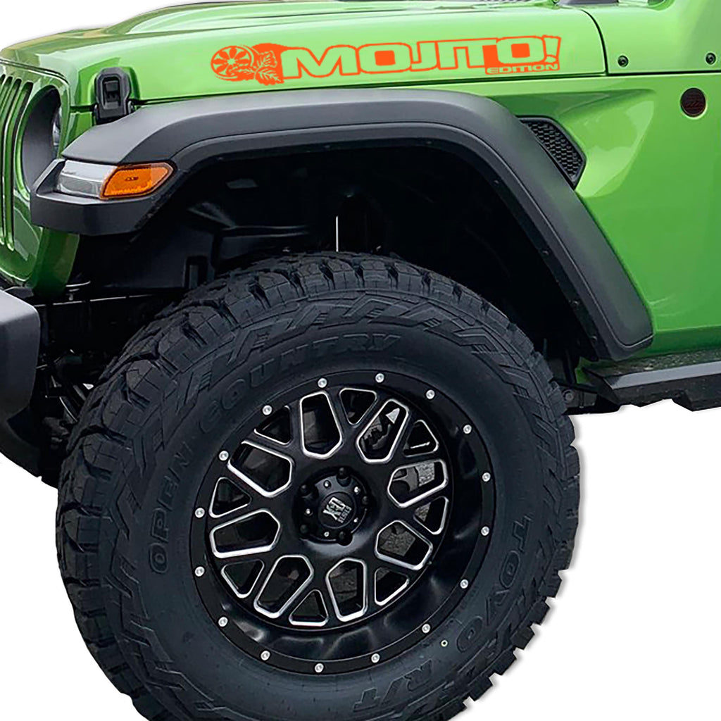 Mojito Edition Jeep Wrangler hood decal pair pictured in bright orange vinyl finish swatch sample
