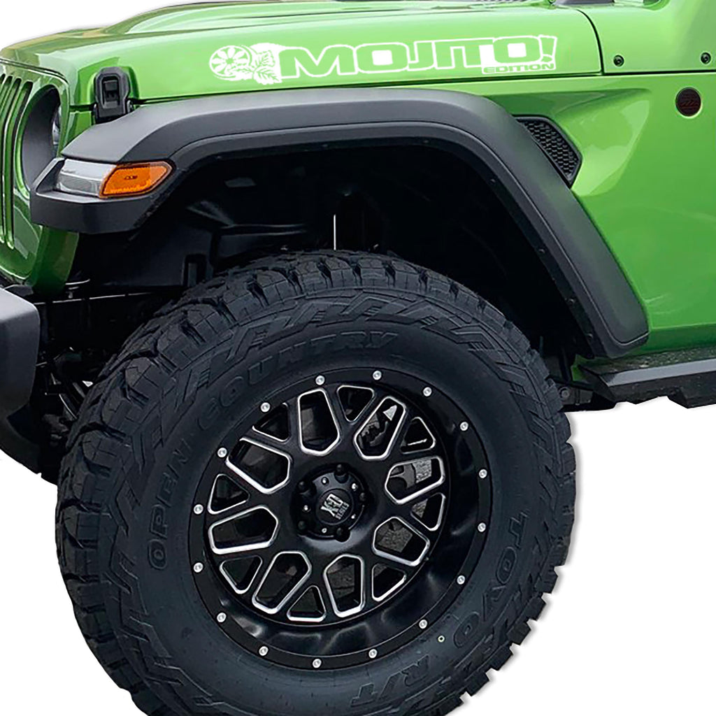 Mojito Edition Jeep Wrangler hood decal pair pictured in bright white vinyl finish swatch sample