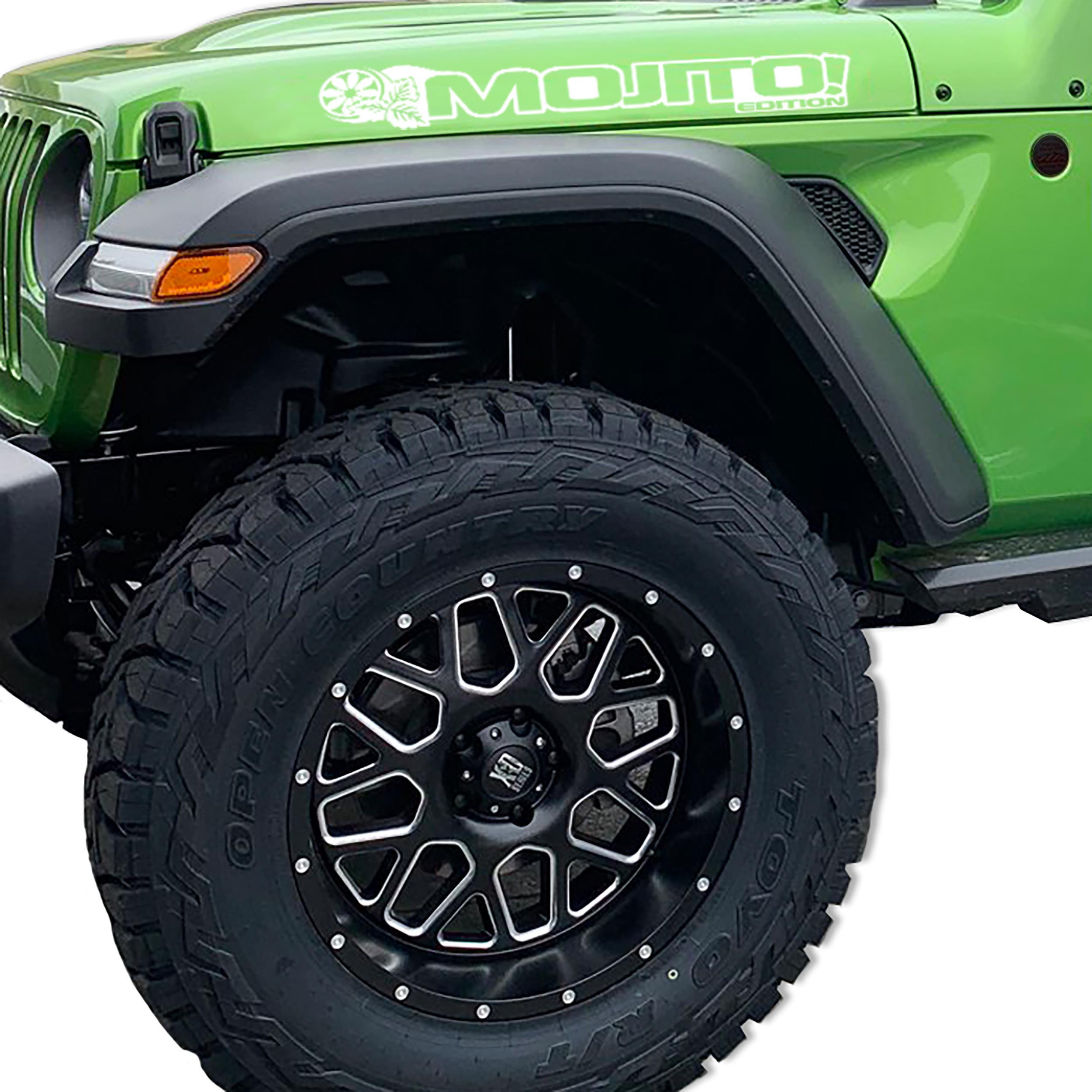 Mojito Edition Jeep Wrangler hood decal pair pictured in bright white vinyl finish swatch sample