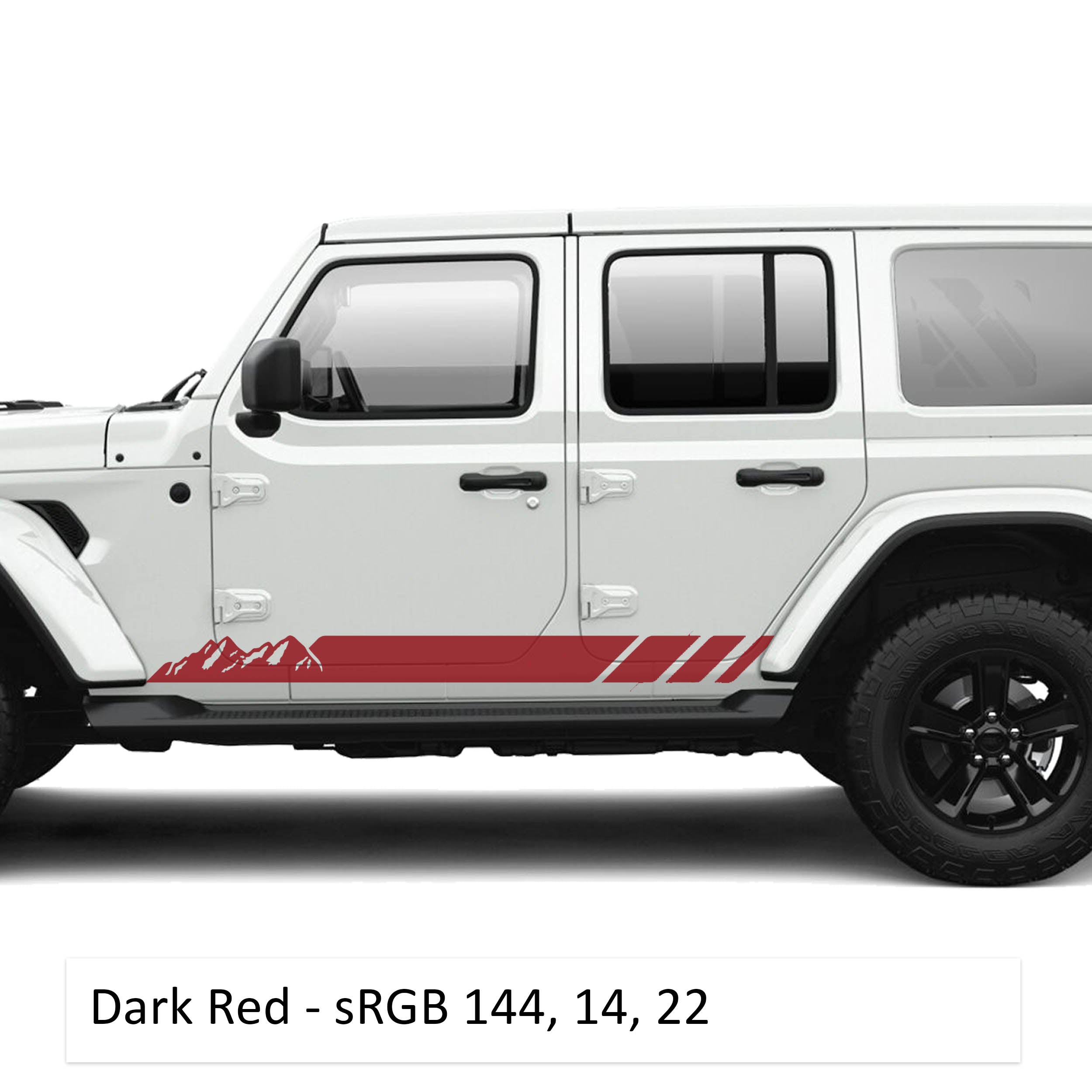 Dark red mountain stripe rocker panel vinyl graphic kit installed on a white Jeep Wrangler JLU lower body