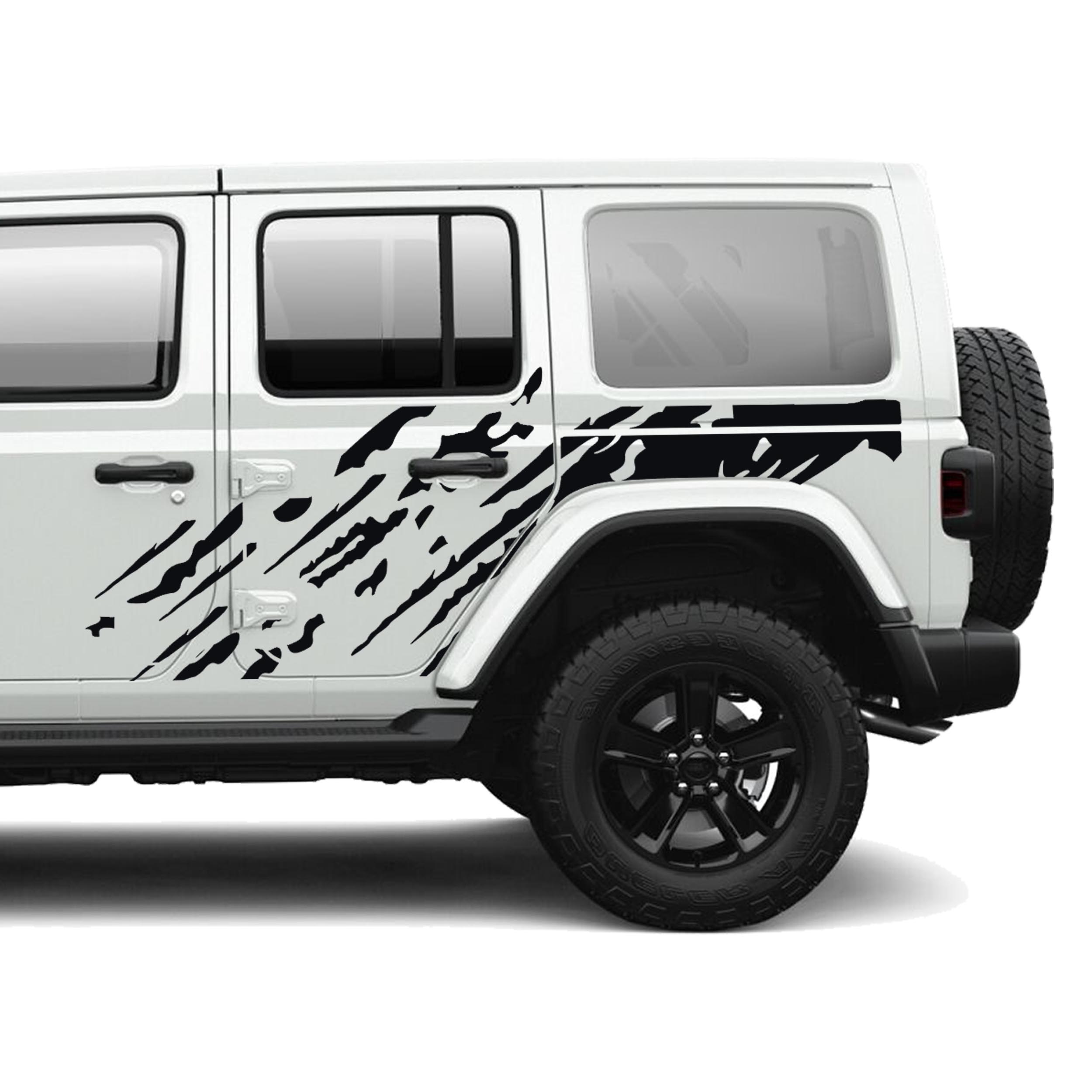 Black mud splash splatter side body vinyl graphic kit installed on a white Jeep Wrangler JLU door panel