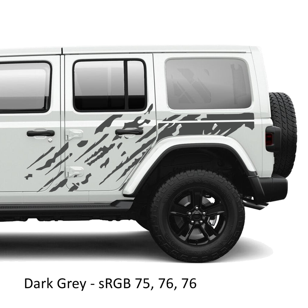 Dark gray mud splash splatter side body vinyl graphic kit on a white Jeep Wrangler JLU door panel