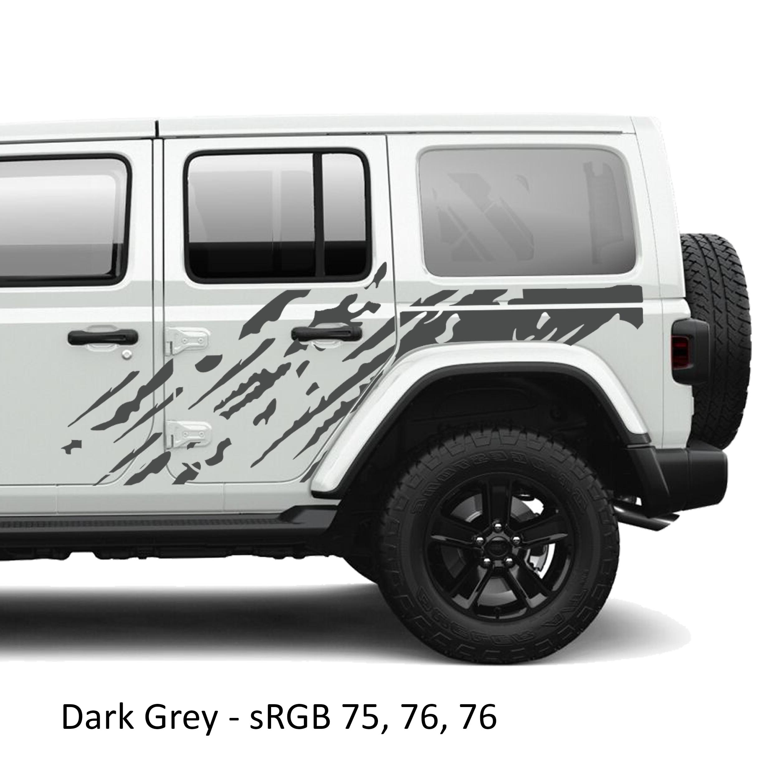 Dark gray mud splash splatter side body vinyl graphic kit on a white Jeep Wrangler JLU door panel