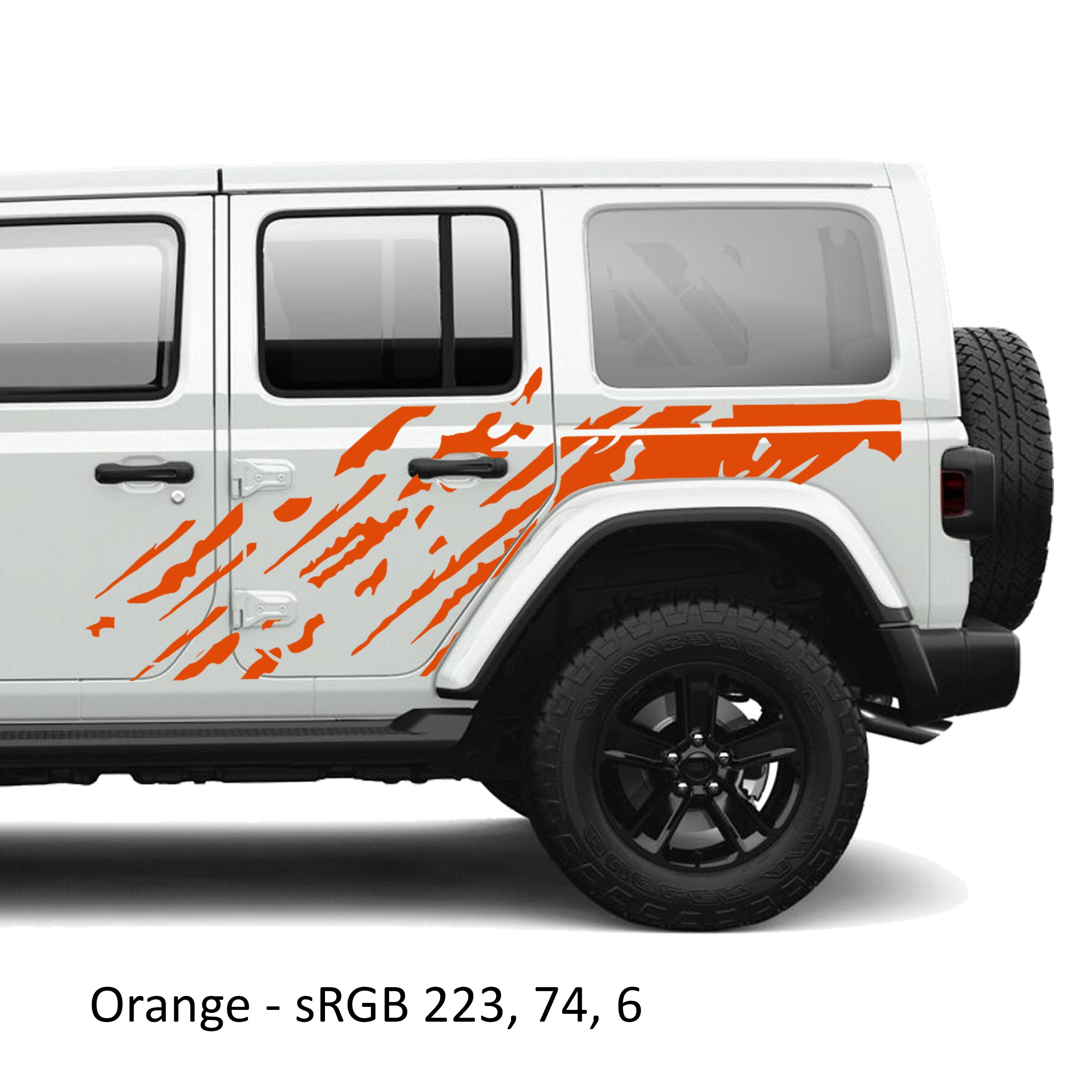 Orange mud splash splatter side body vinyl graphic kit installed on a white Jeep Wrangler JLU door panel