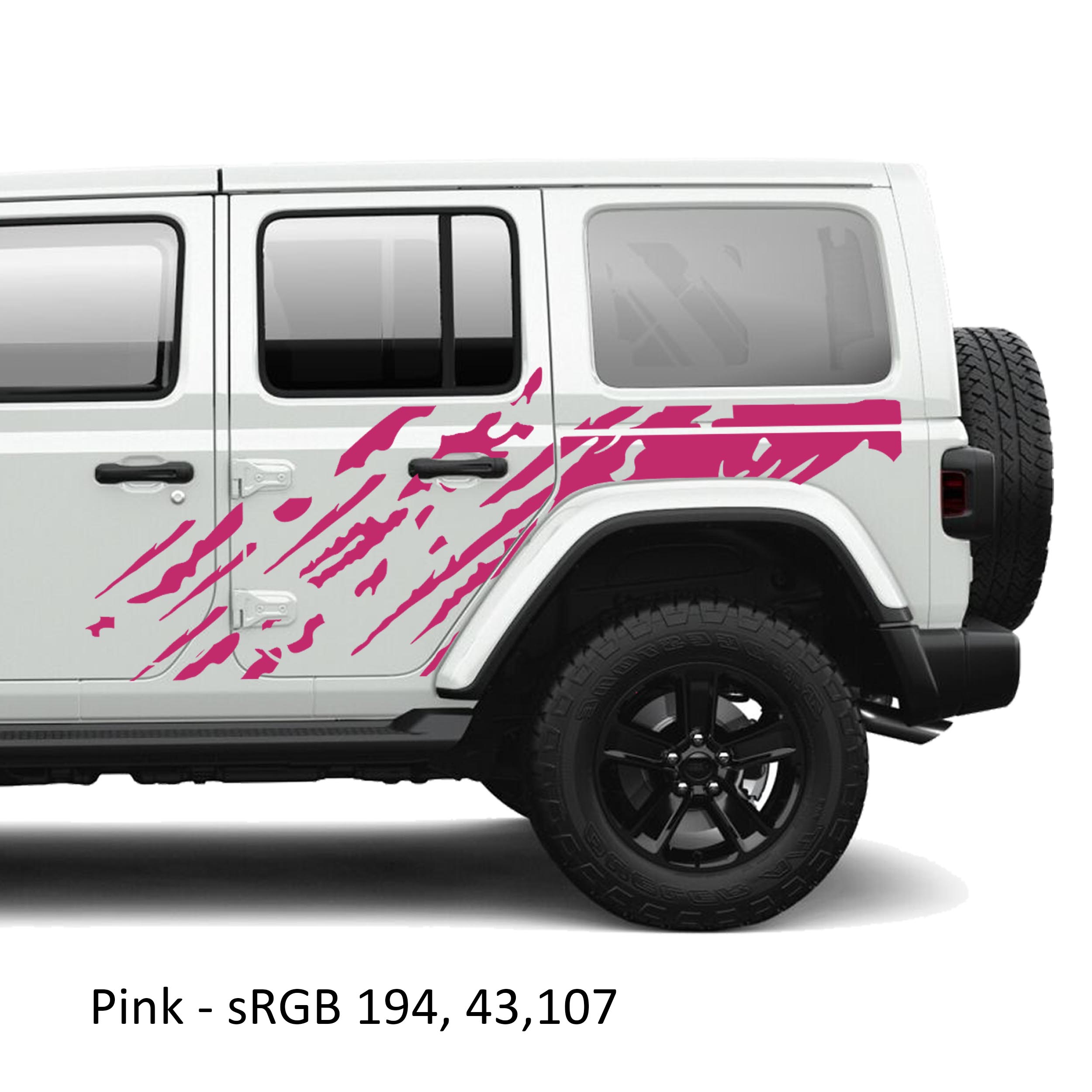 Pink mud splash splatter side body vinyl graphic kit installed on a white Jeep Wrangler JLU door panel