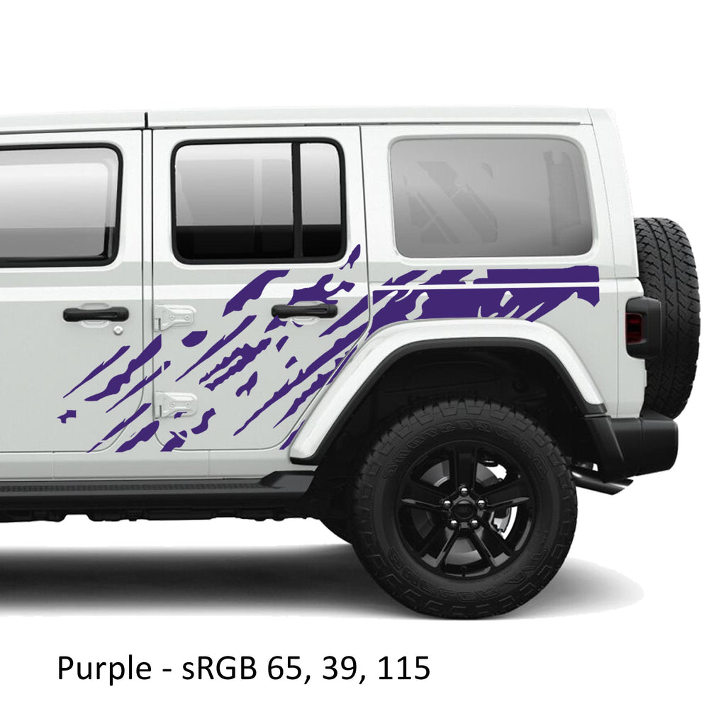 Purple mud splash splatter side body vinyl graphic kit installed on a white Jeep Wrangler JLU door panel
