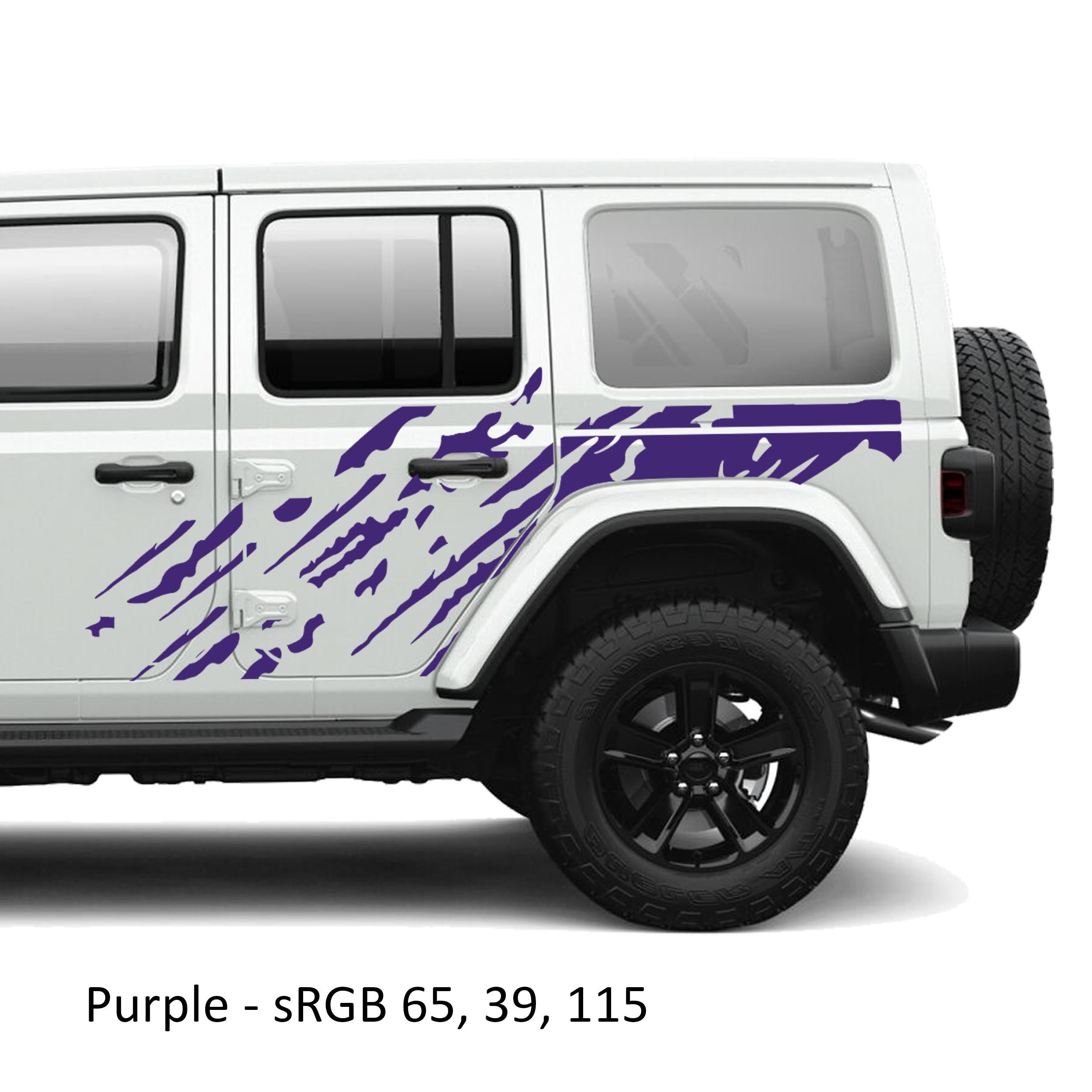 Purple mud splash splatter side body vinyl graphic kit installed on a white Jeep Wrangler JLU door panel