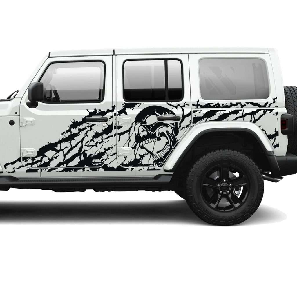 Black Nightmare screaming skull side body vinyl decal kit installed on a white Jeep Wrangler JLU door