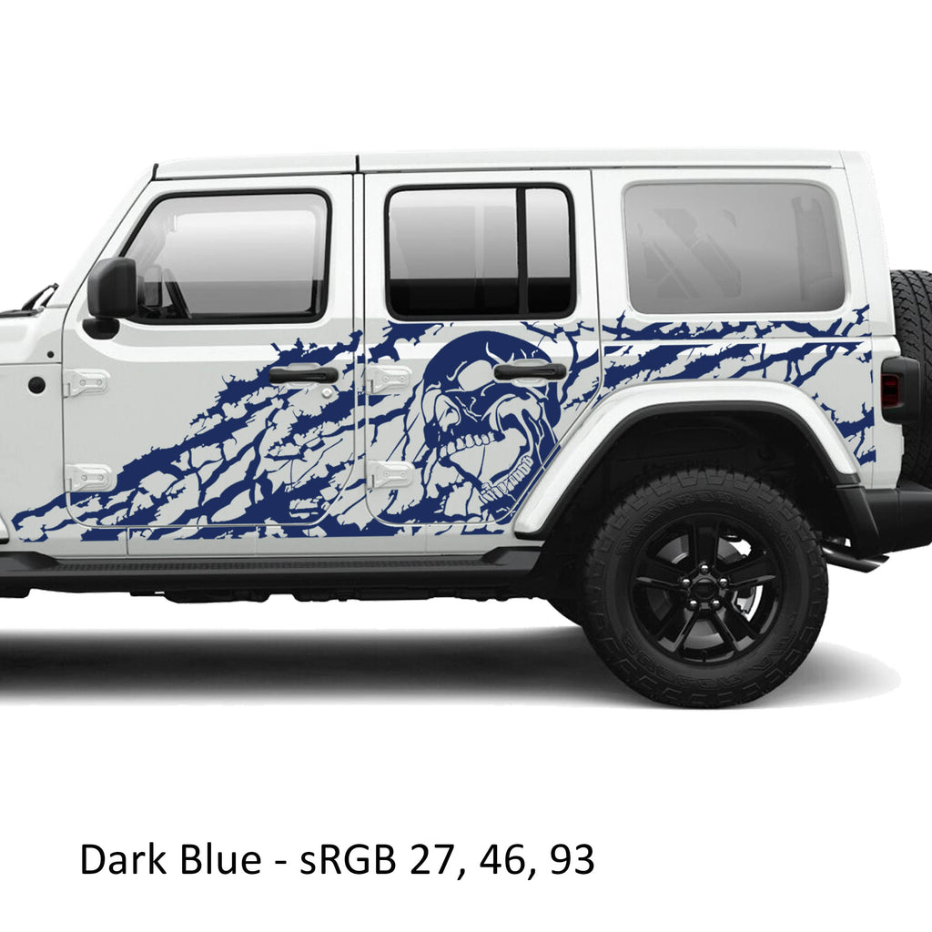 Dark blue Nightmare screaming skull side body vinyl decal kit on a white Jeep Wrangler JLU door panel