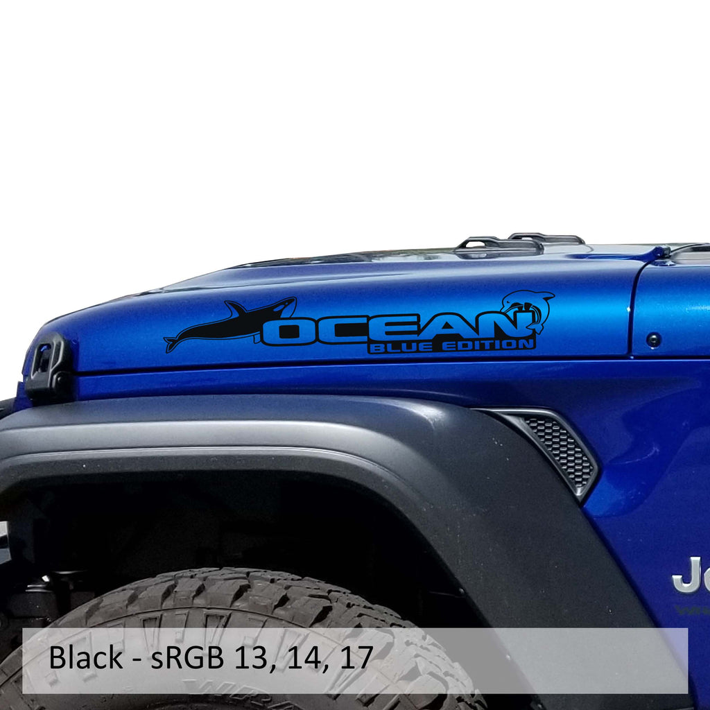 Black Ocean Blue Edition hood decal pair color swatch for Jeep Wrangler side hood application