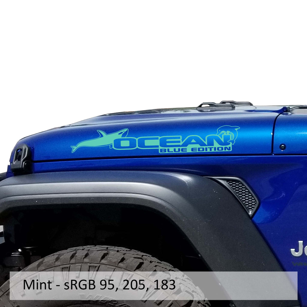 Mint Ocean Blue Edition hood decal pair color swatch for Jeep Wrangler side hood application