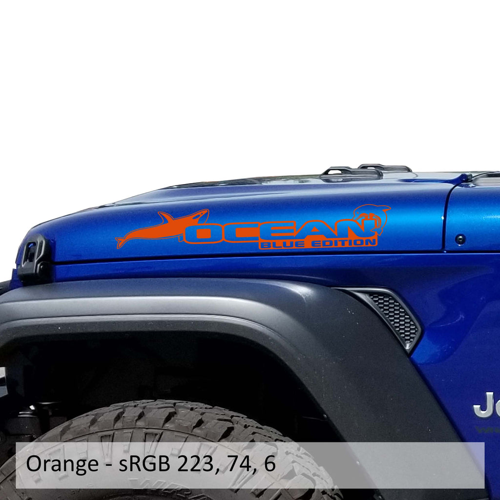 Orange Ocean Blue Edition hood decal pair color swatch for Jeep Wrangler side hood application
