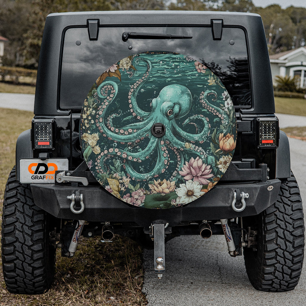 Deep-Sea Majesty Kraken spare tire cover flat product shot featuring dramatic octopus with crashing ocean waves