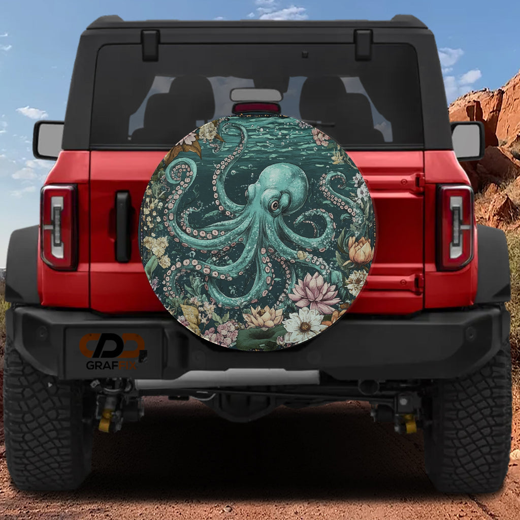 Deep-Sea Majesty Kraken spare tire cover alternate flat shot with deep blue ocean octopus art and stormy waves