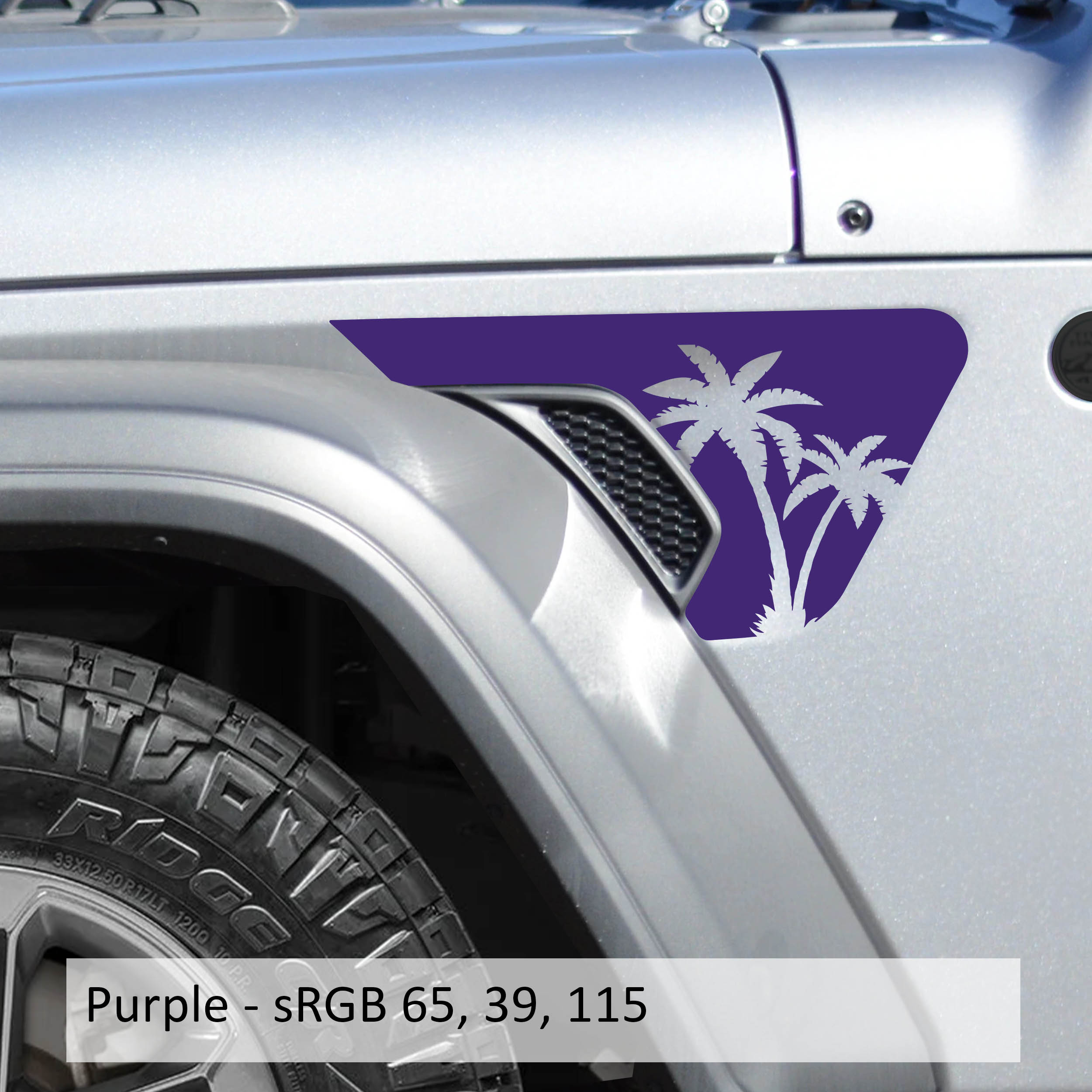 Purple palmetto palm tree vinyl decal installed on Jeep Wrangler JL factory billet fender vent